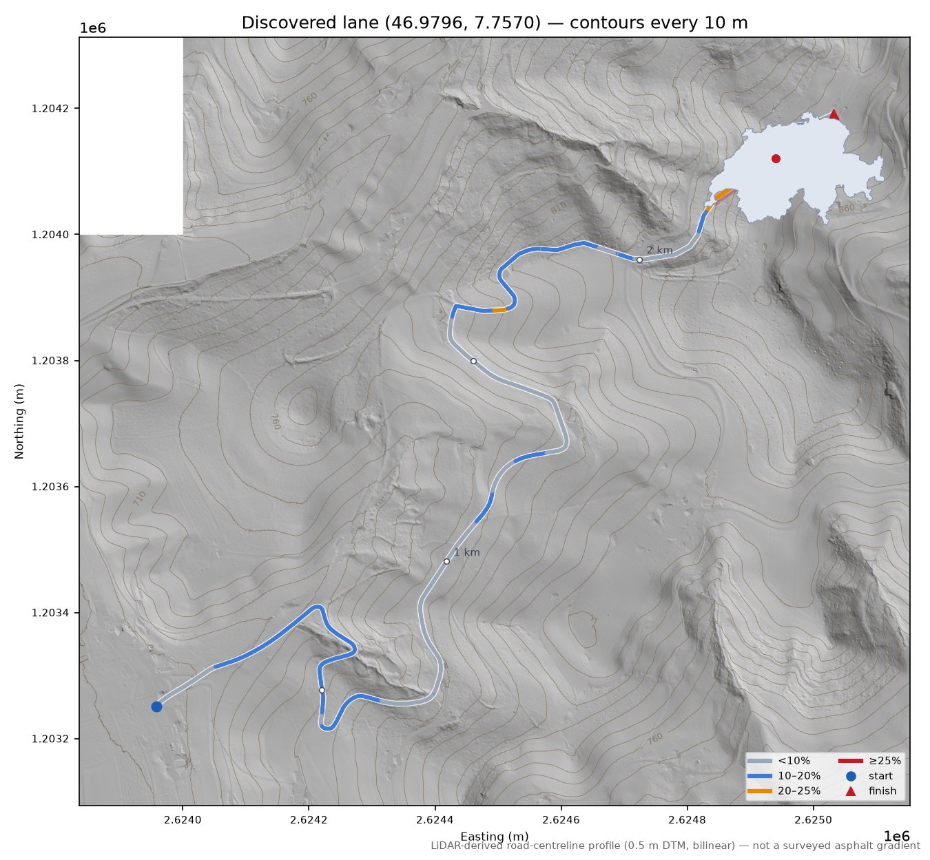 Discovered lane (46.9796, 7.7570) LiDAR hillshade map with contours
