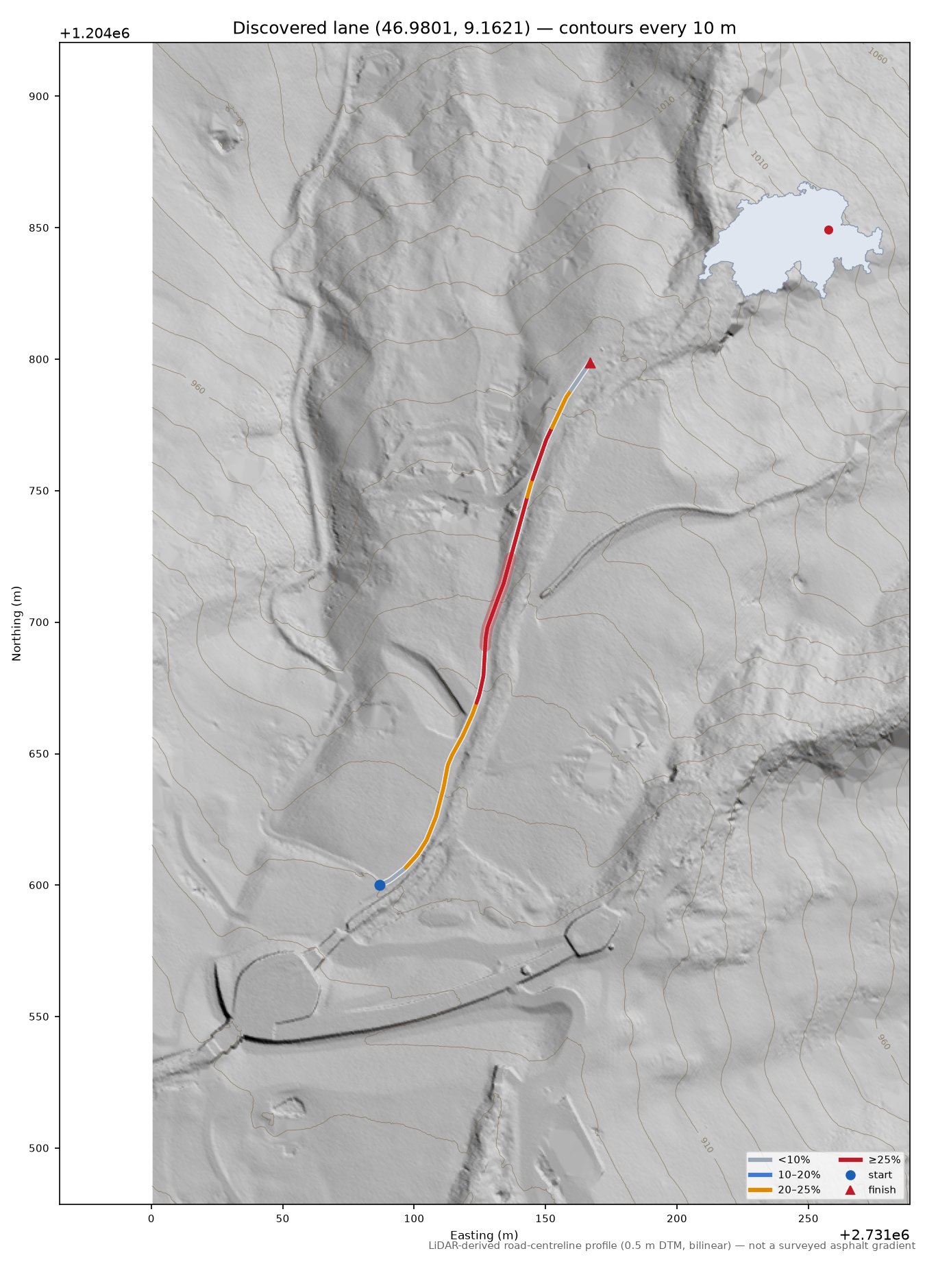 Discovered lane (46.9801, 9.1621) LiDAR hillshade map with contours