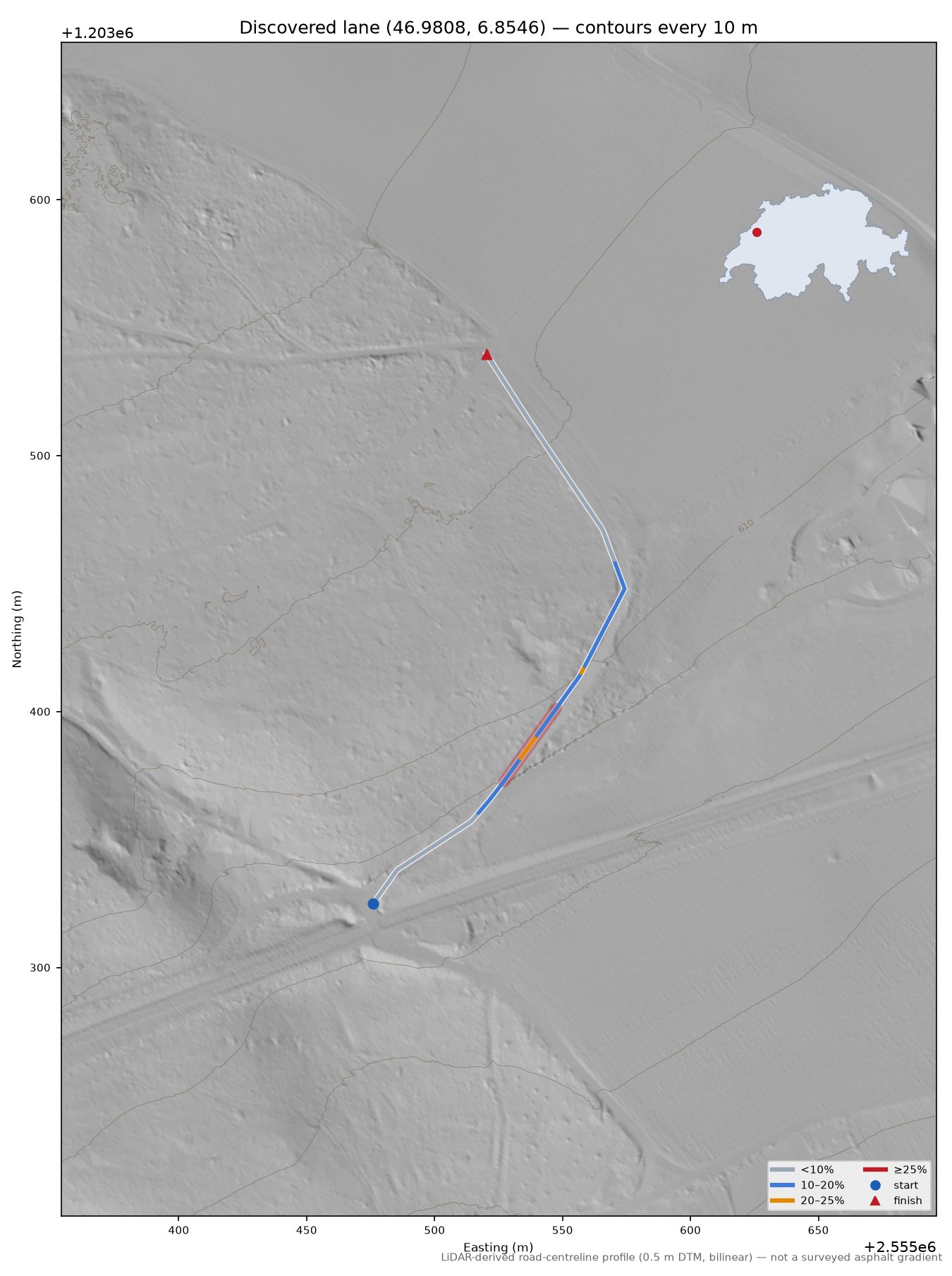 Discovered lane (46.9808, 6.8546) LiDAR hillshade map with contours