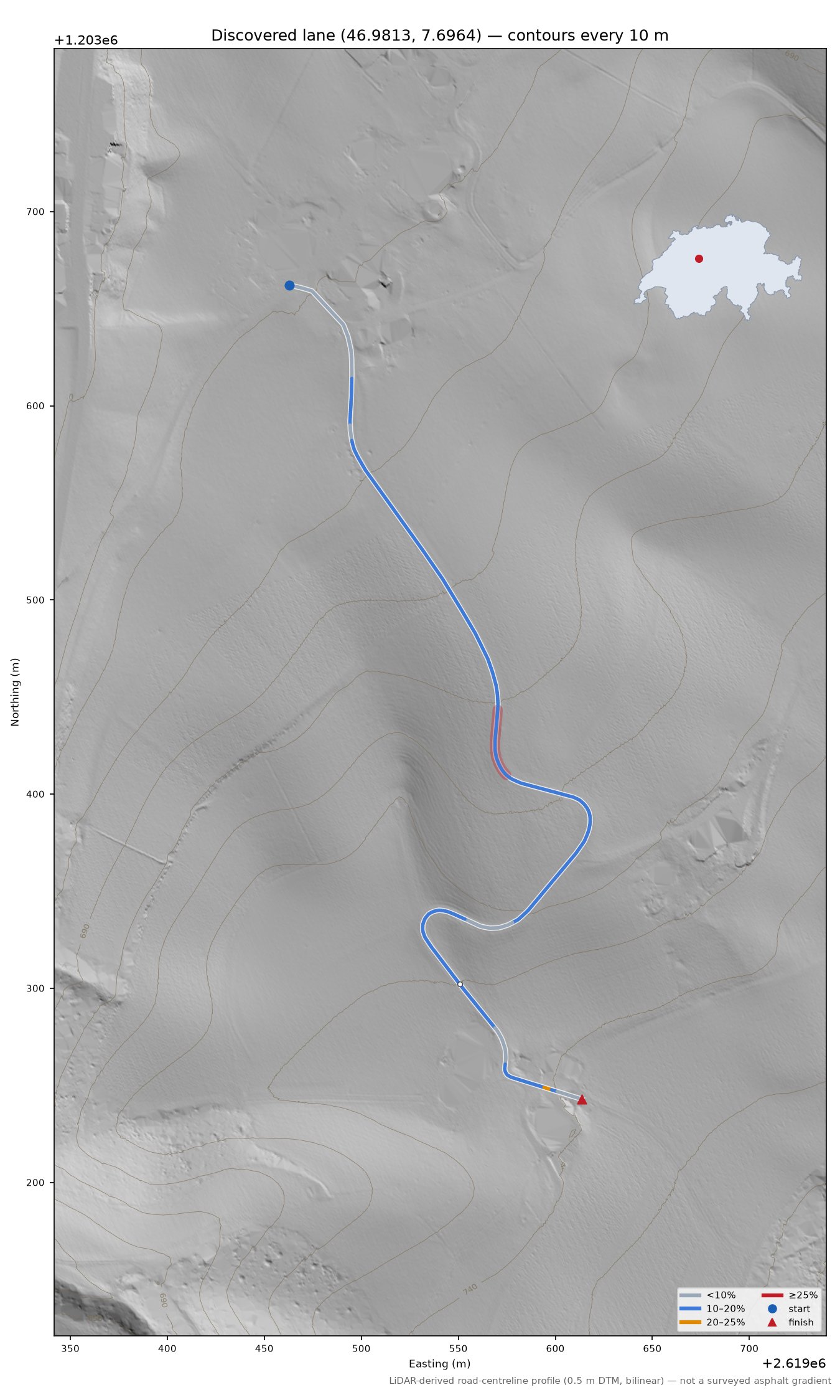 Discovered lane (46.9813, 7.6964) LiDAR hillshade map with contours