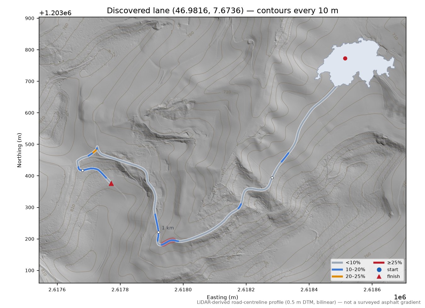 Discovered lane (46.9816, 7.6736) LiDAR hillshade map with contours