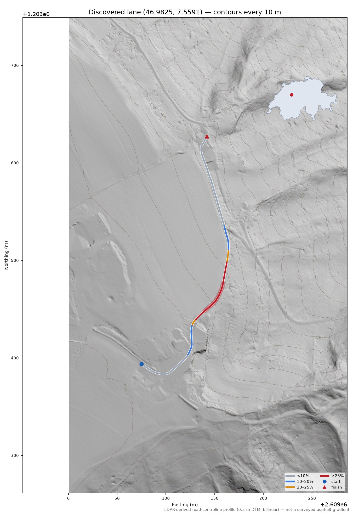 Discovered lane (46.9825, 7.5591) LiDAR hillshade map with contours