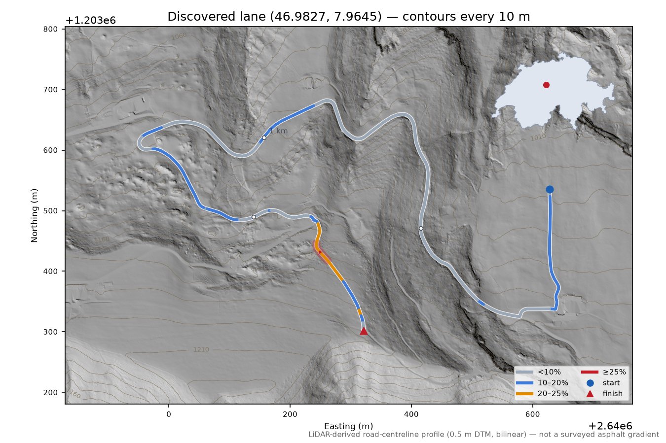 Discovered lane (46.9827, 7.9645) LiDAR hillshade map with contours