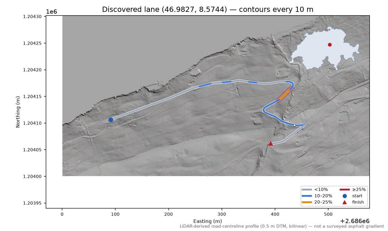 Discovered lane (46.9827, 8.5744) LiDAR hillshade map with contours
