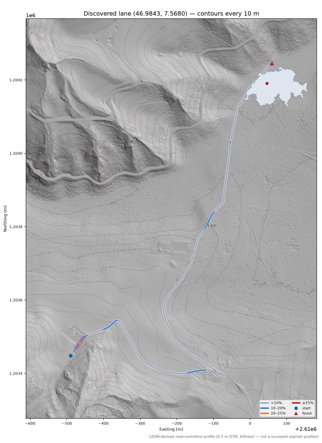 Discovered lane (46.9843, 7.5680) LiDAR hillshade map with contours
