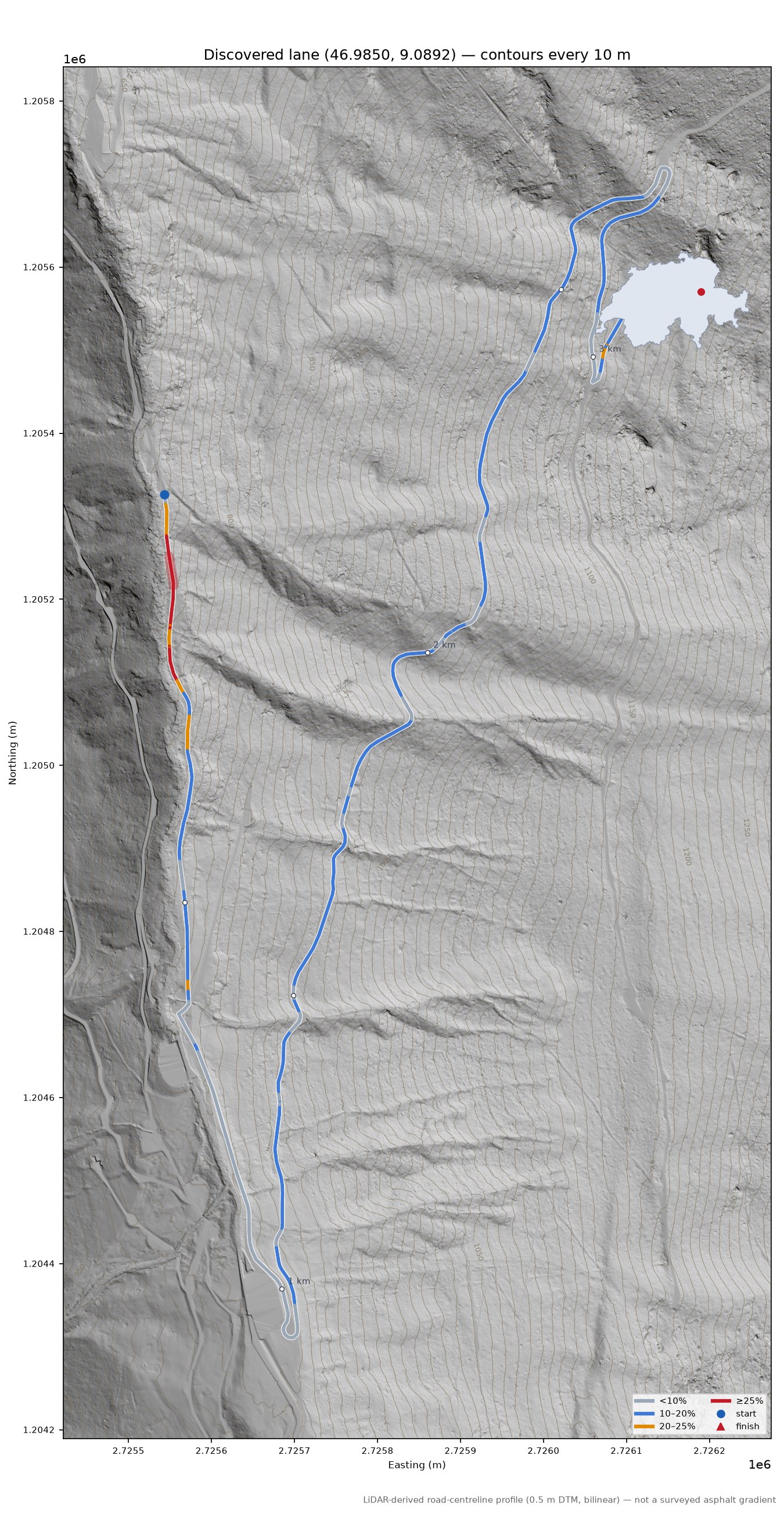 Discovered lane (46.9850, 9.0892) LiDAR hillshade map with contours