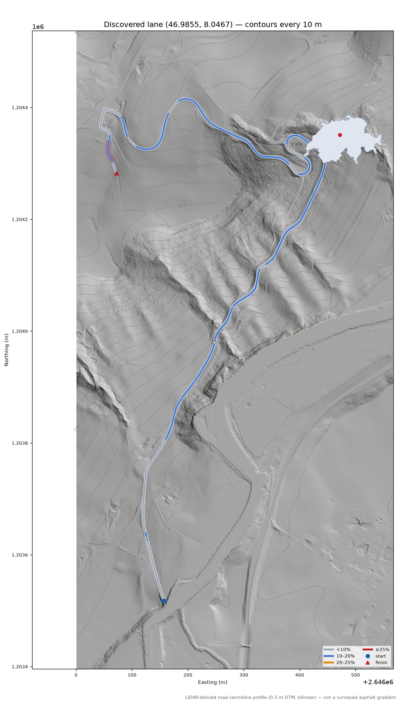 Discovered lane (46.9855, 8.0467) LiDAR hillshade map with contours
