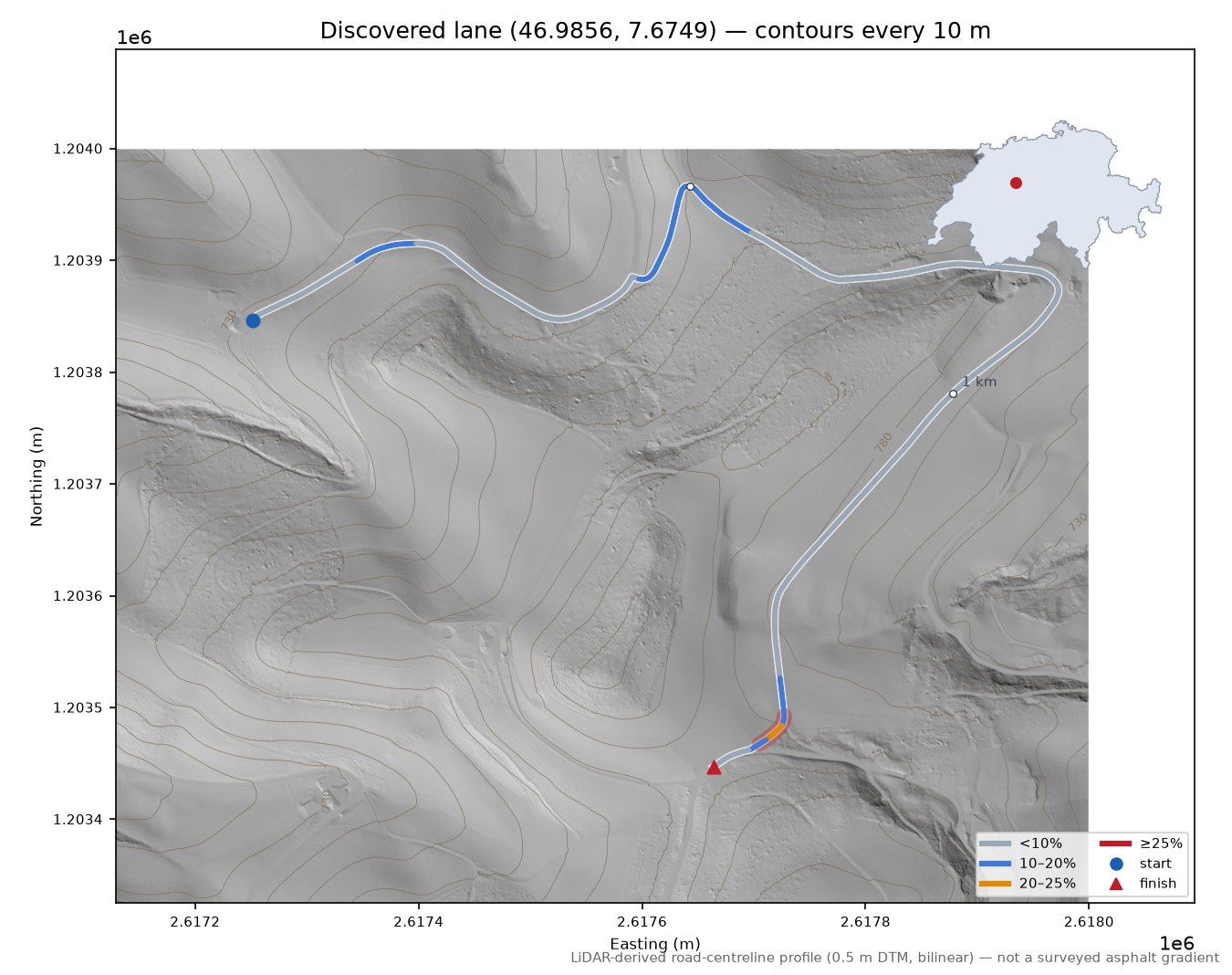 Discovered lane (46.9856, 7.6749) LiDAR hillshade map with contours
