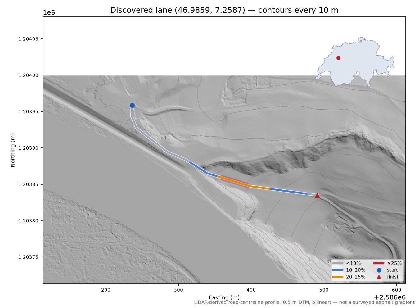 Discovered lane (46.9859, 7.2587) LiDAR hillshade map with contours