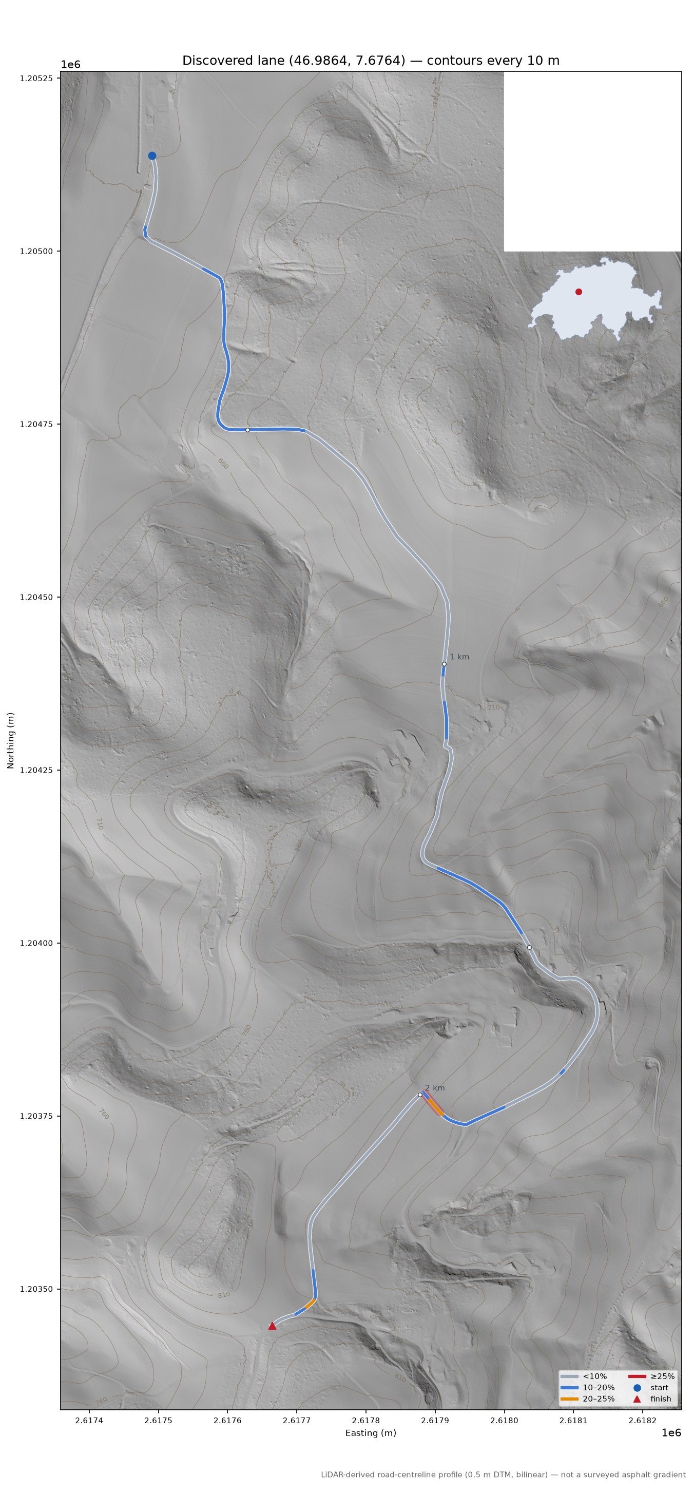 Discovered lane (46.9864, 7.6764) LiDAR hillshade map with contours