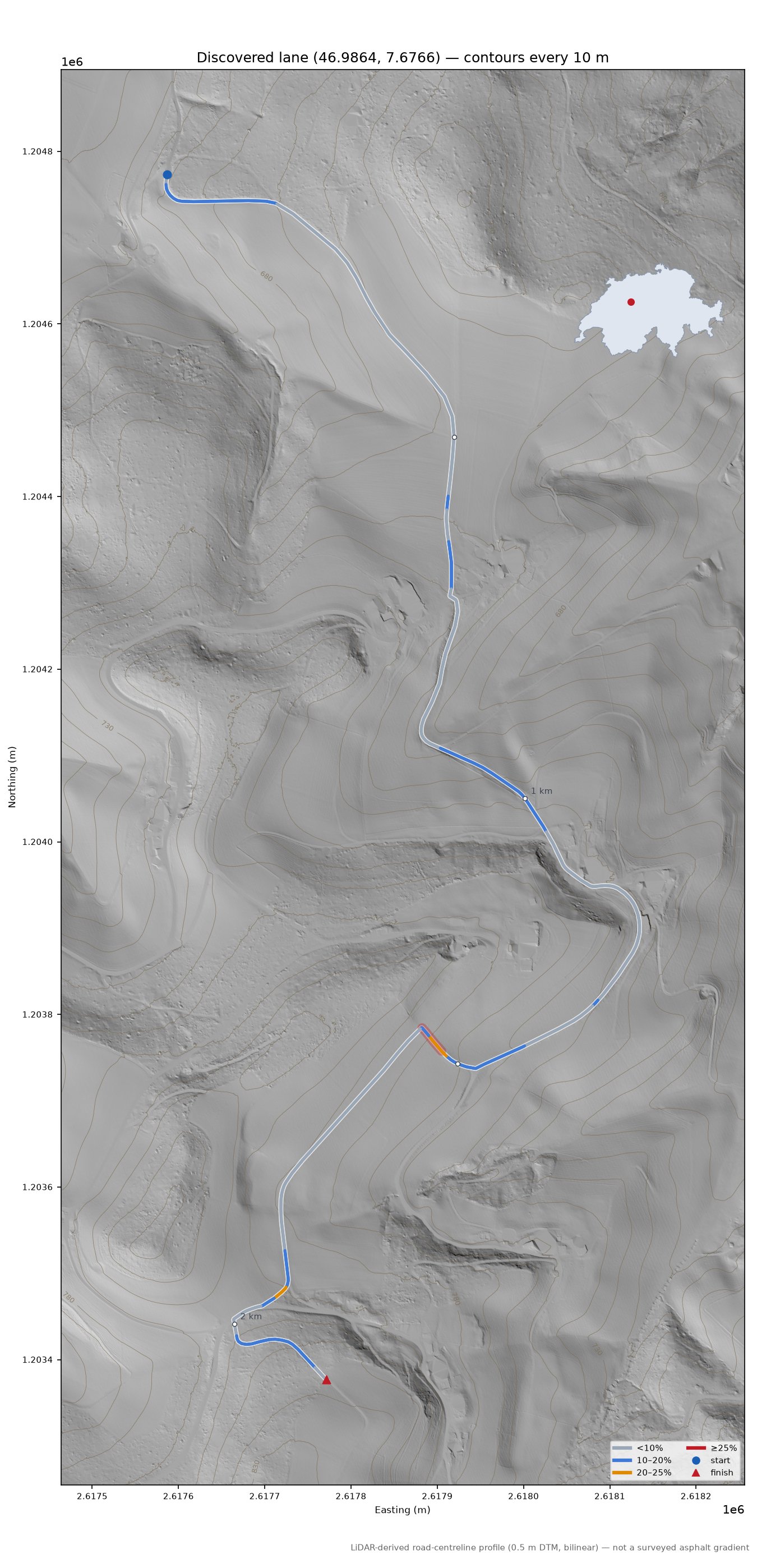 Discovered lane (46.9864, 7.6766) LiDAR hillshade map with contours