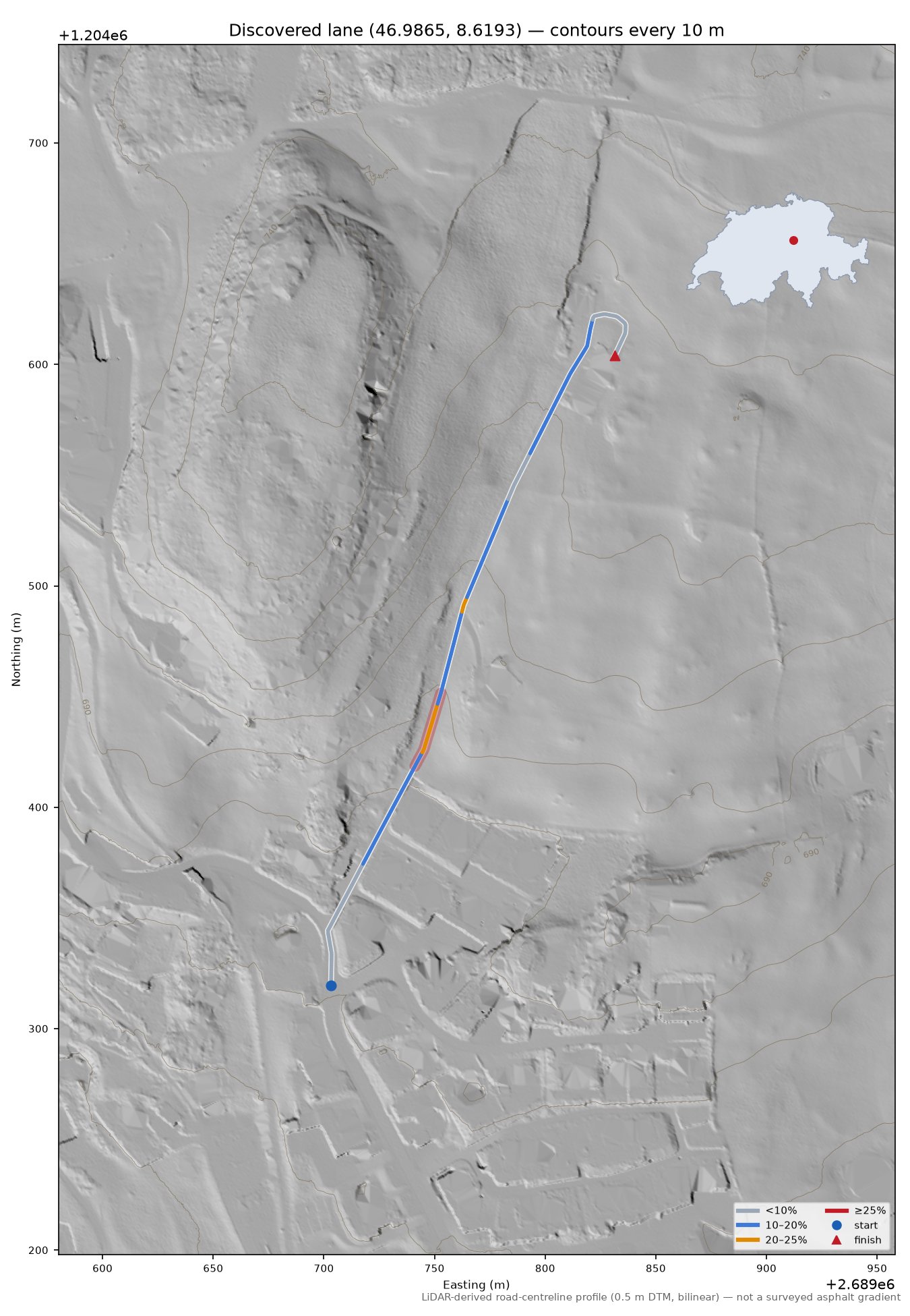 Discovered lane (46.9865, 8.6193) LiDAR hillshade map with contours
