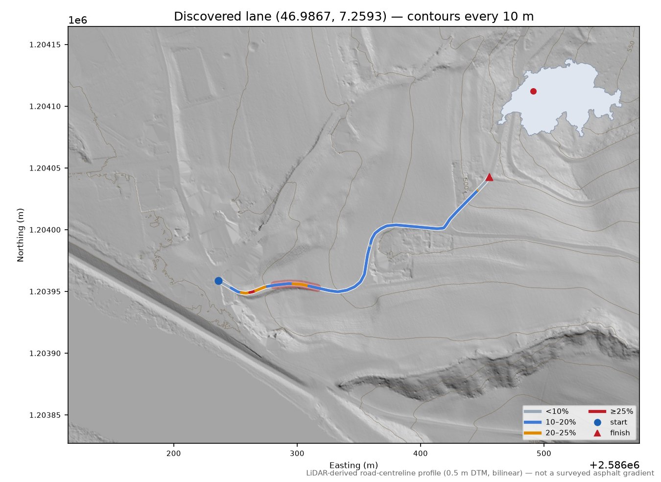 Discovered lane (46.9867, 7.2593) LiDAR hillshade map with contours