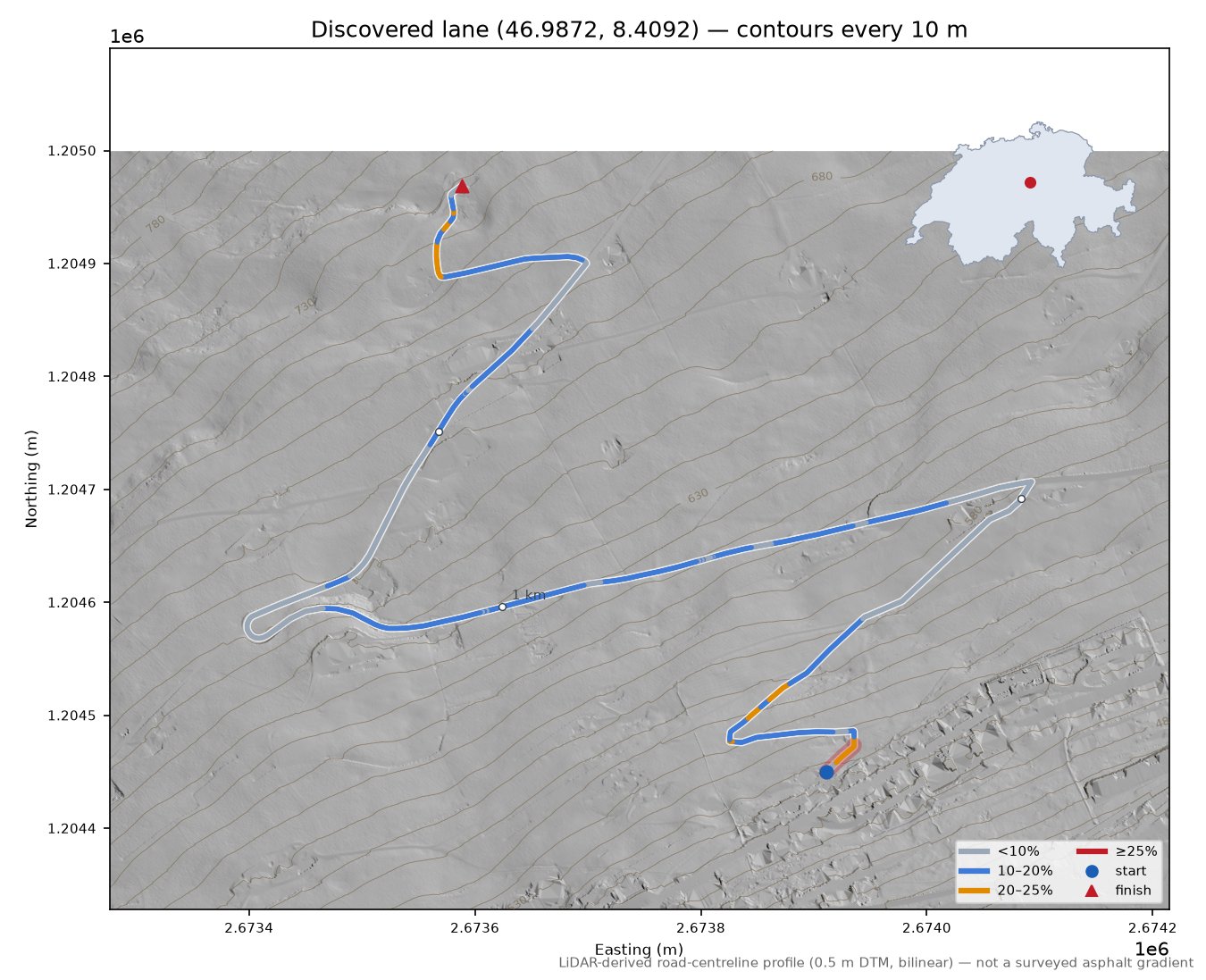 Discovered lane (46.9872, 8.4092) LiDAR hillshade map with contours