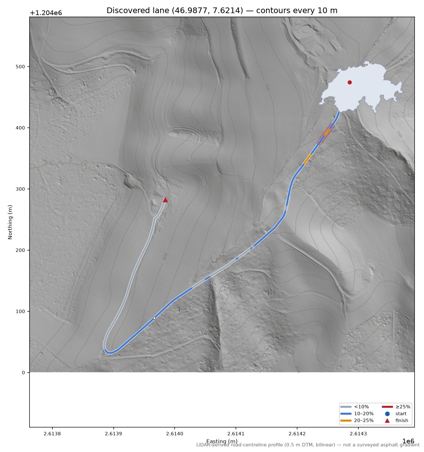 Discovered lane (46.9877, 7.6214) LiDAR hillshade map with contours