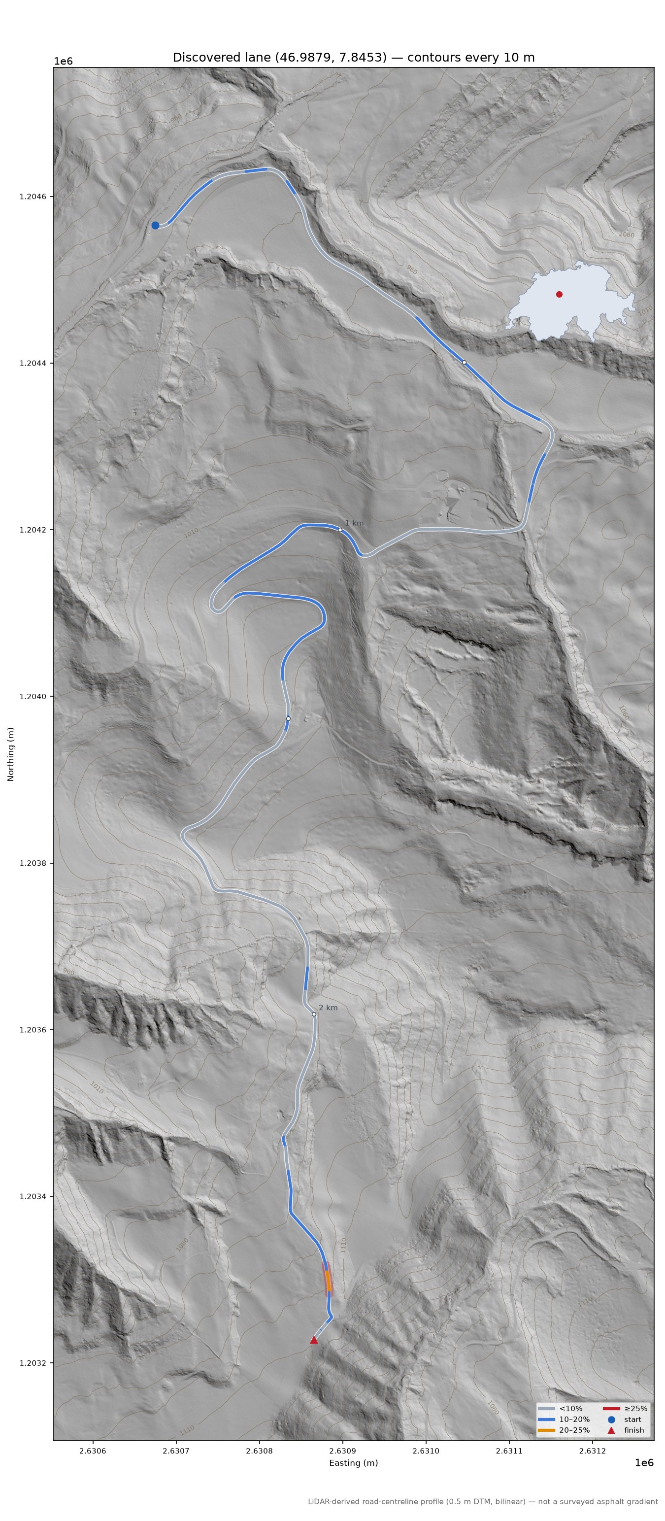 Discovered lane (46.9879, 7.8453) LiDAR hillshade map with contours