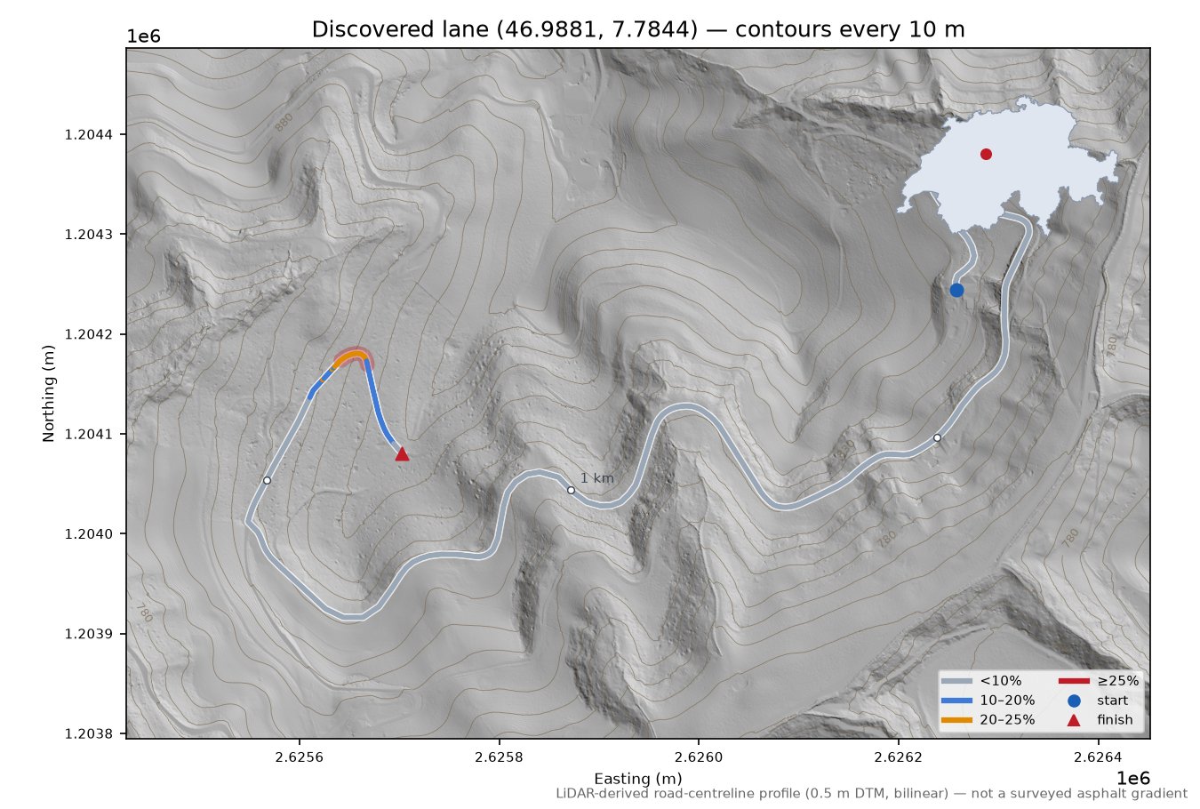 Discovered lane (46.9881, 7.7844) LiDAR hillshade map with contours