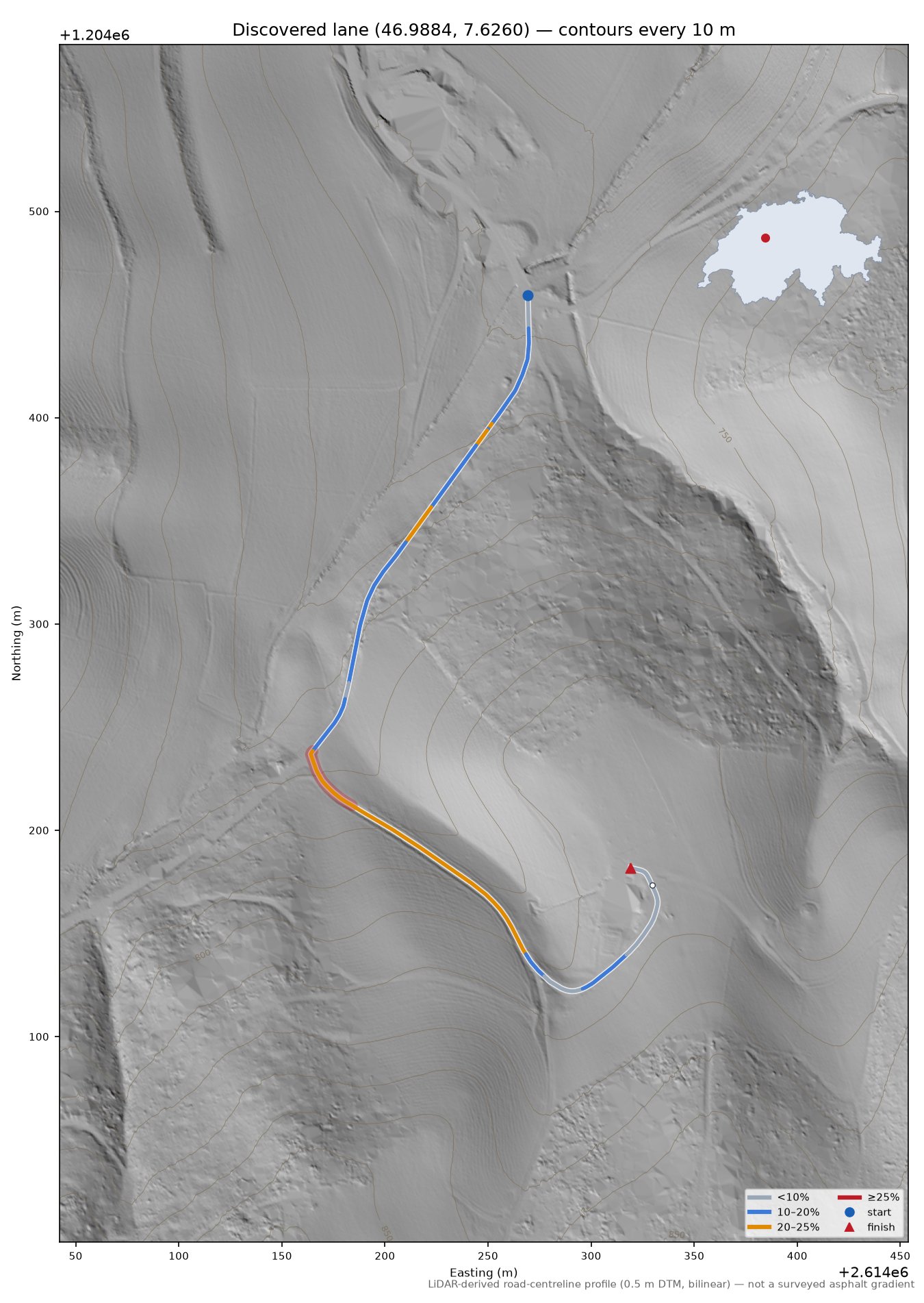 Discovered lane (46.9884, 7.6260) LiDAR hillshade map with contours