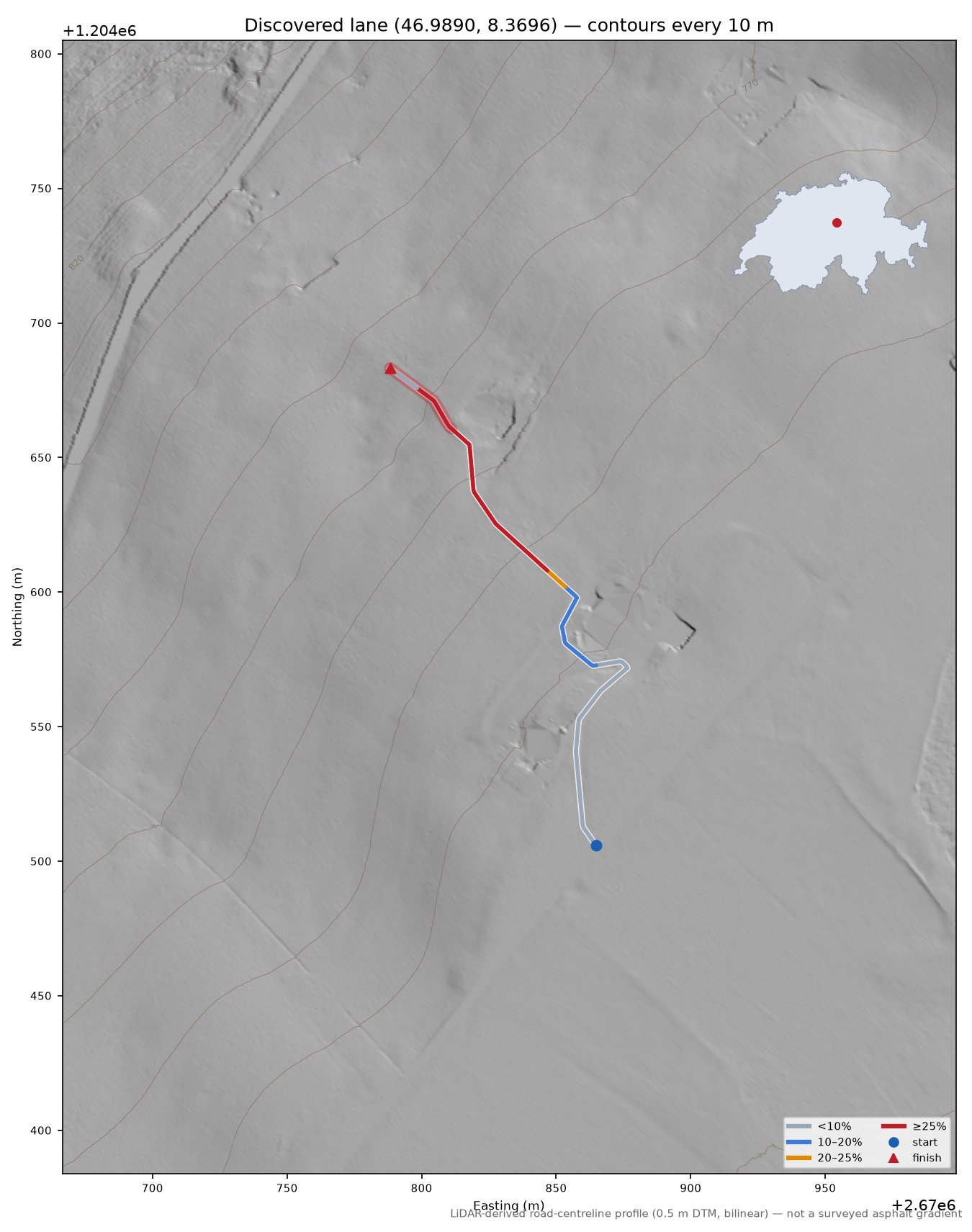 Discovered lane (46.9890, 8.3696) LiDAR hillshade map with contours