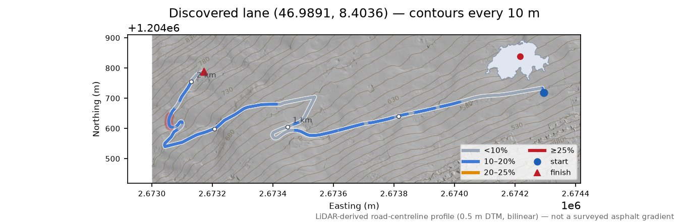 Discovered lane (46.9891, 8.4036) LiDAR hillshade map with contours