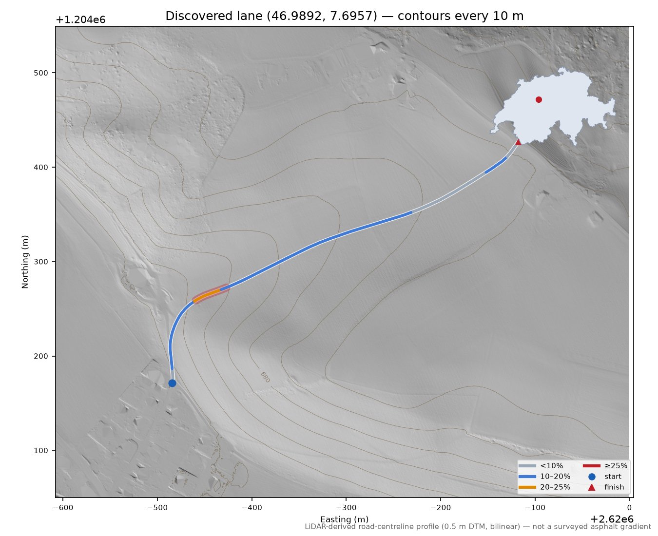 Discovered lane (46.9892, 7.6957) LiDAR hillshade map with contours
