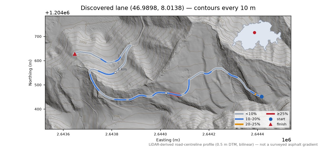 Discovered lane (46.9898, 8.0138) LiDAR hillshade map with contours