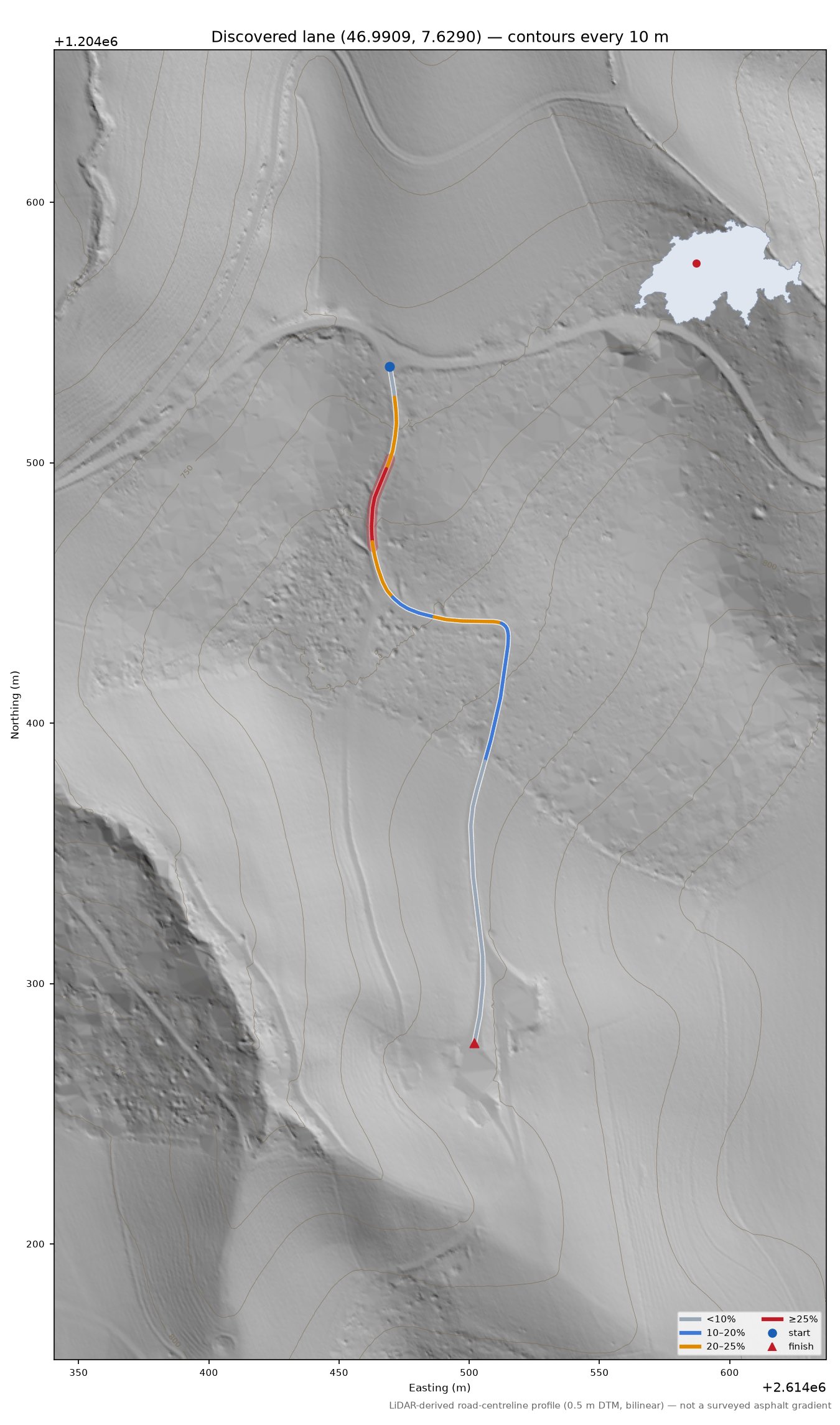 Discovered lane (46.9909, 7.6290) LiDAR hillshade map with contours