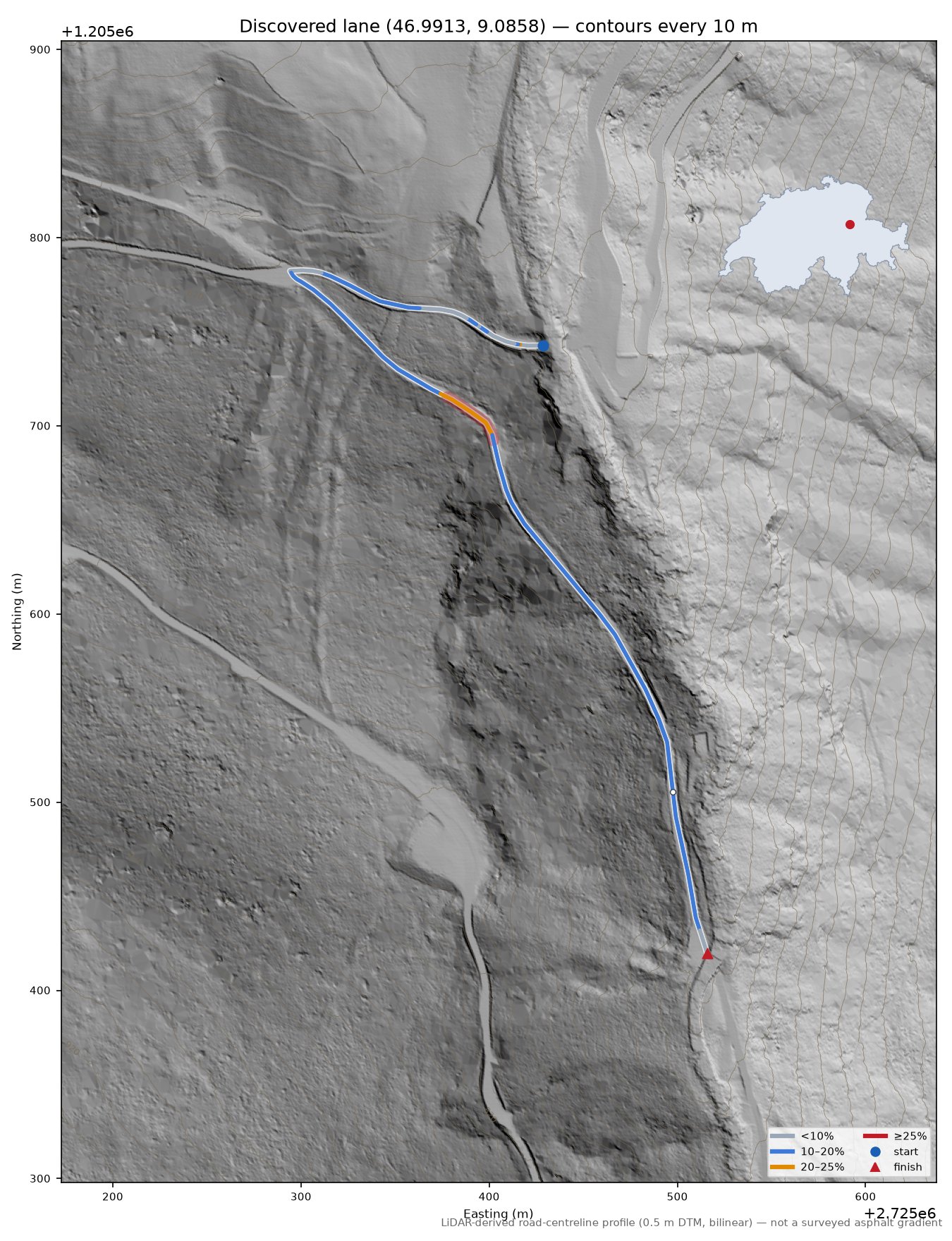 Discovered lane (46.9913, 9.0858) LiDAR hillshade map with contours