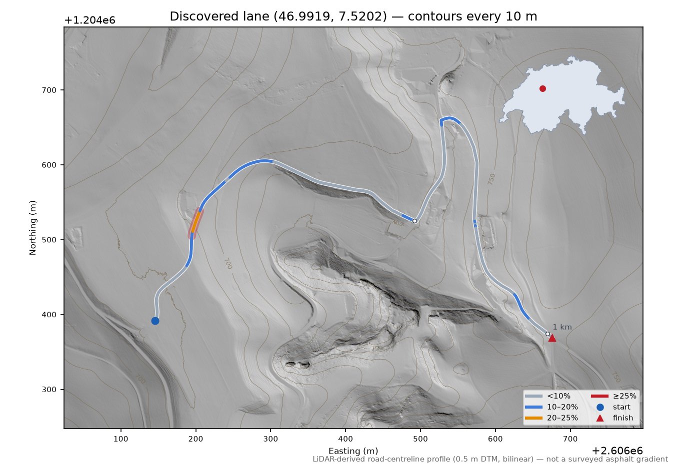 Discovered lane (46.9919, 7.5202) LiDAR hillshade map with contours