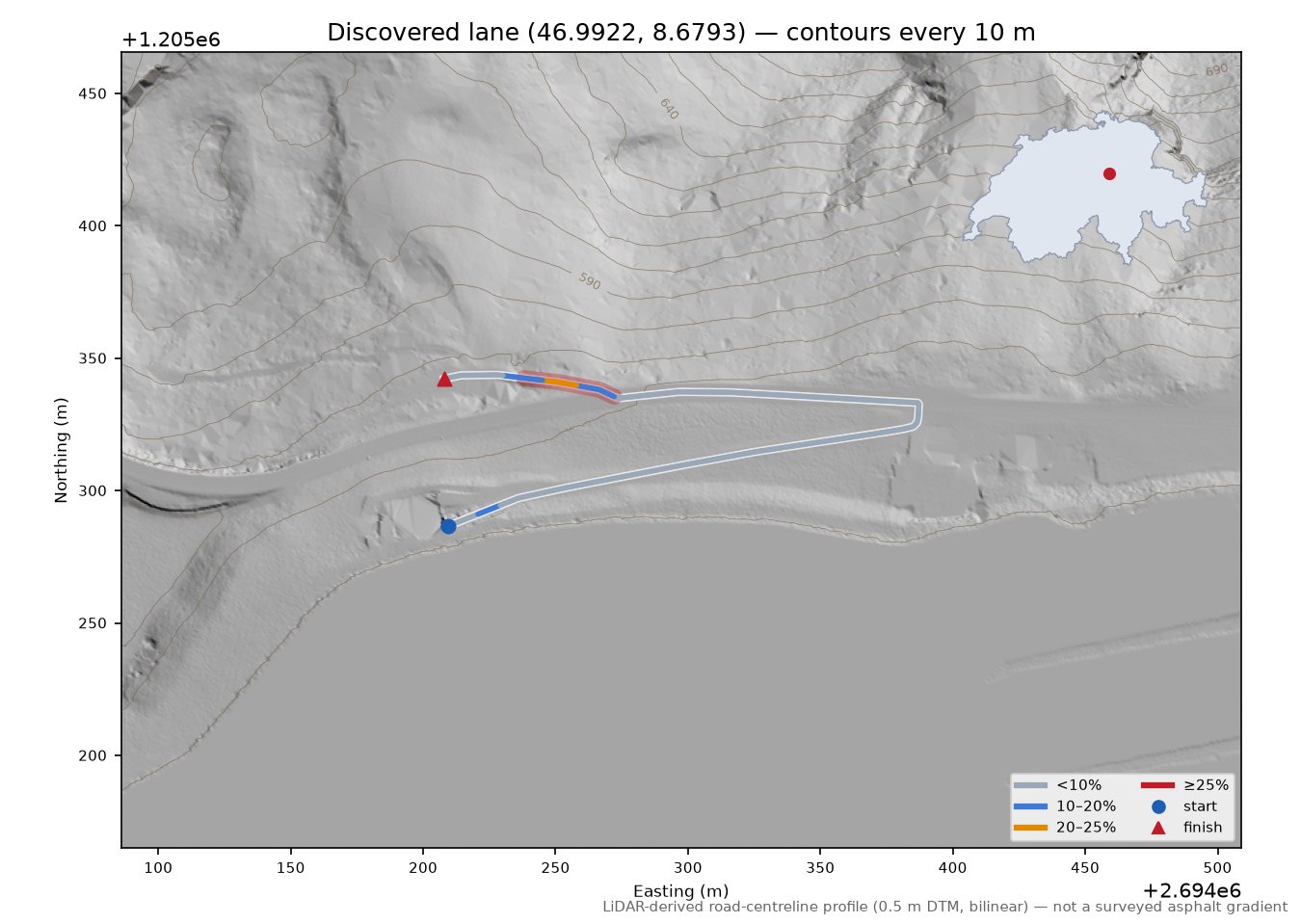 Discovered lane (46.9922, 8.6793) LiDAR hillshade map with contours