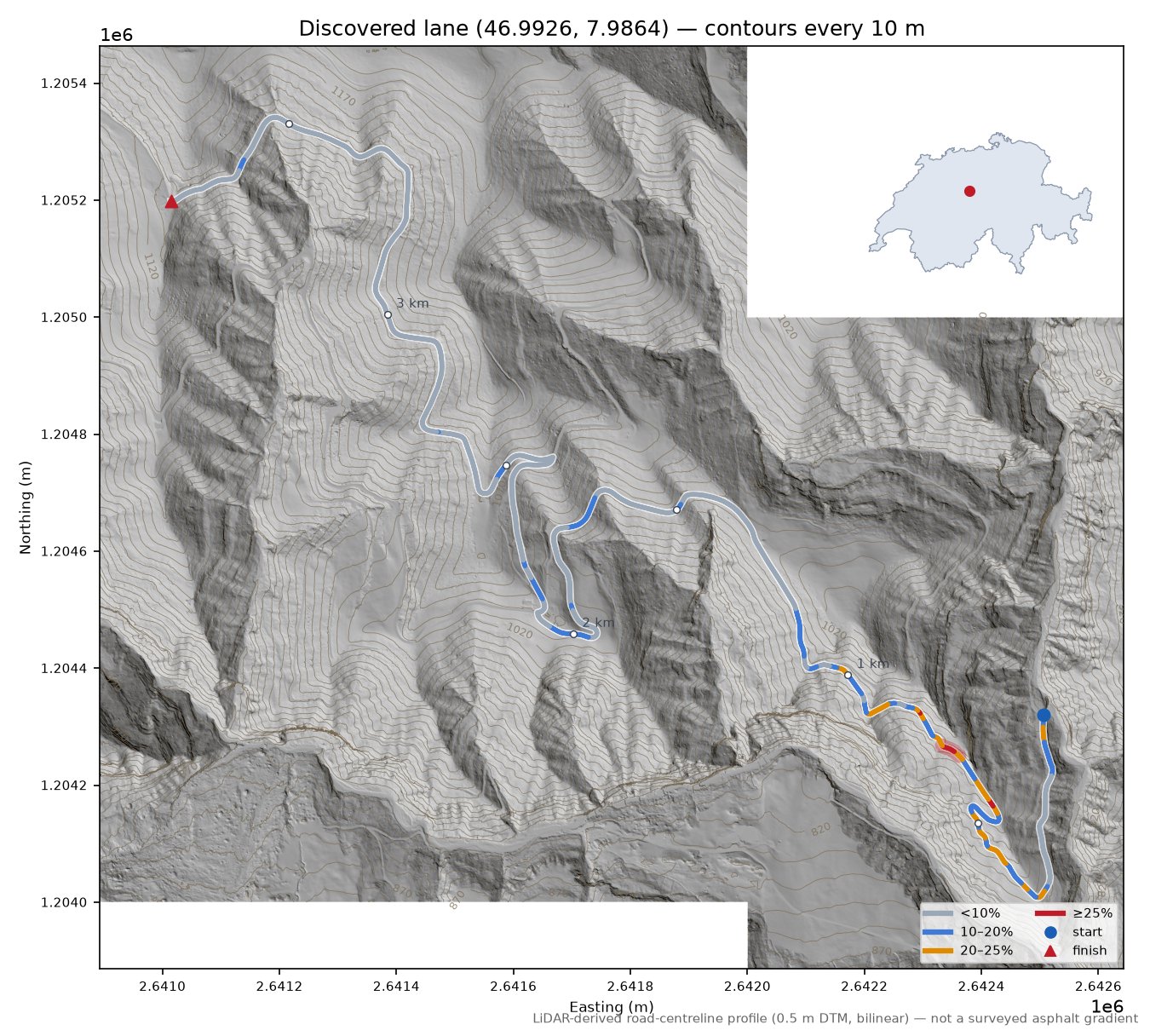 Discovered lane (46.9926, 7.9864) LiDAR hillshade map with contours