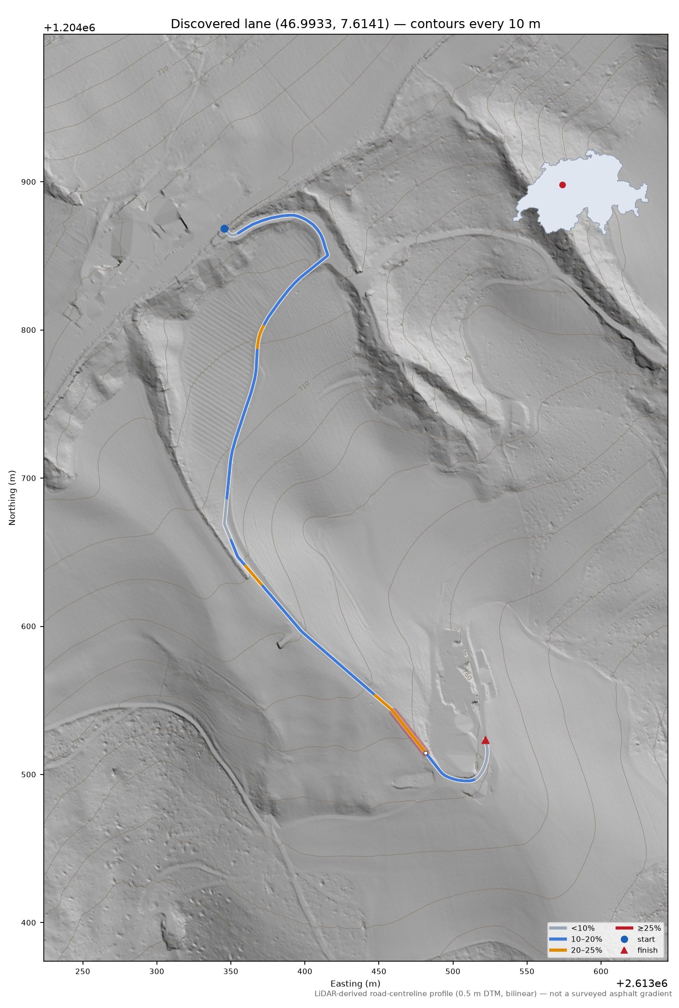 Discovered lane (46.9933, 7.6141) LiDAR hillshade map with contours