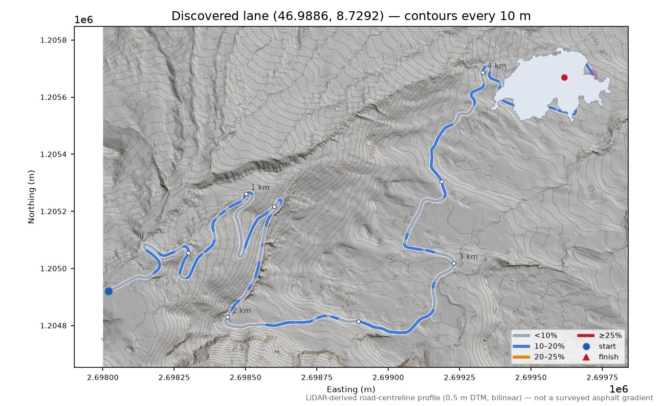 Discovered lane (46.9946, 8.7497) LiDAR hillshade map with contours