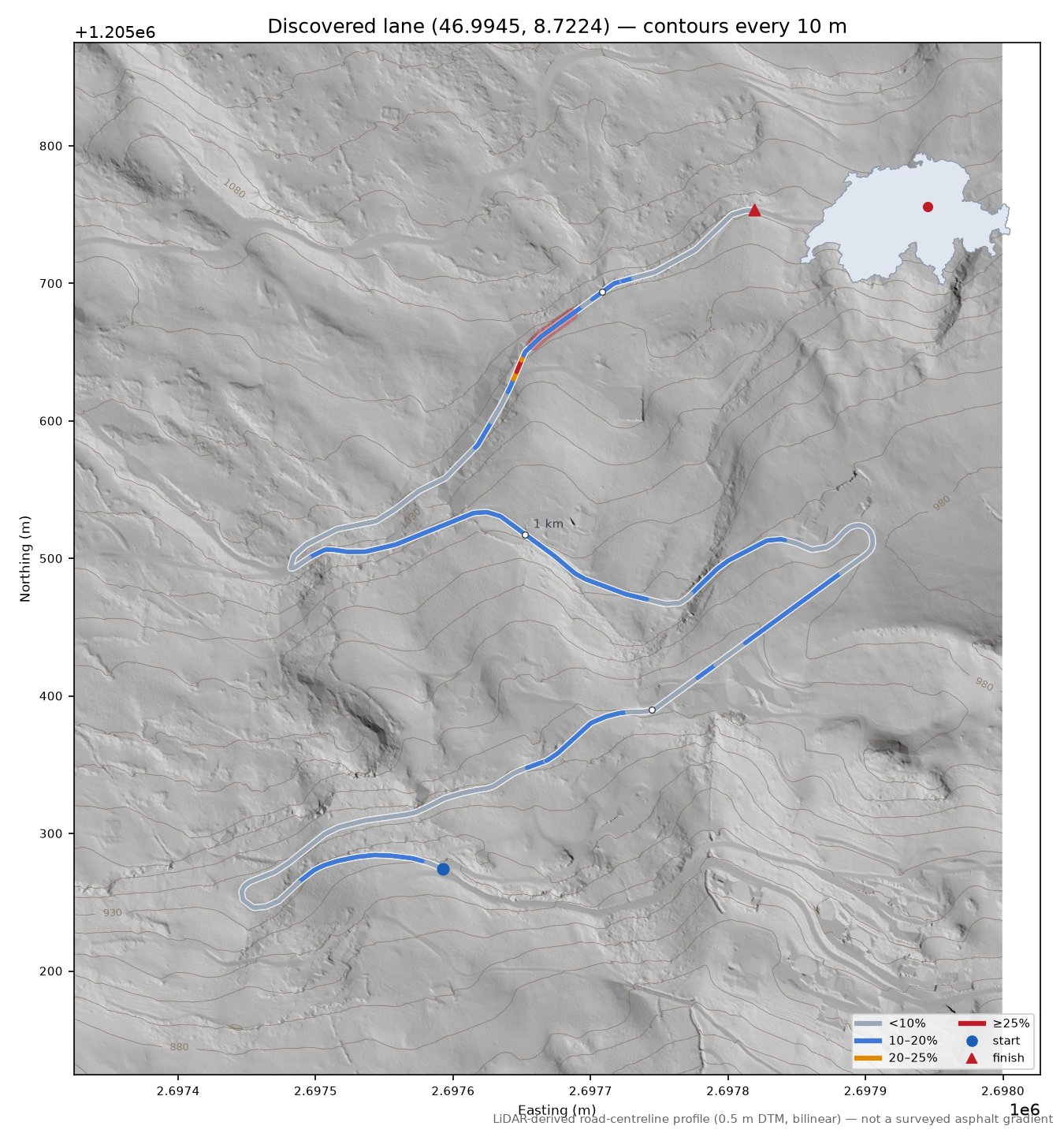 Discovered lane (46.9945, 8.7224) LiDAR hillshade map with contours