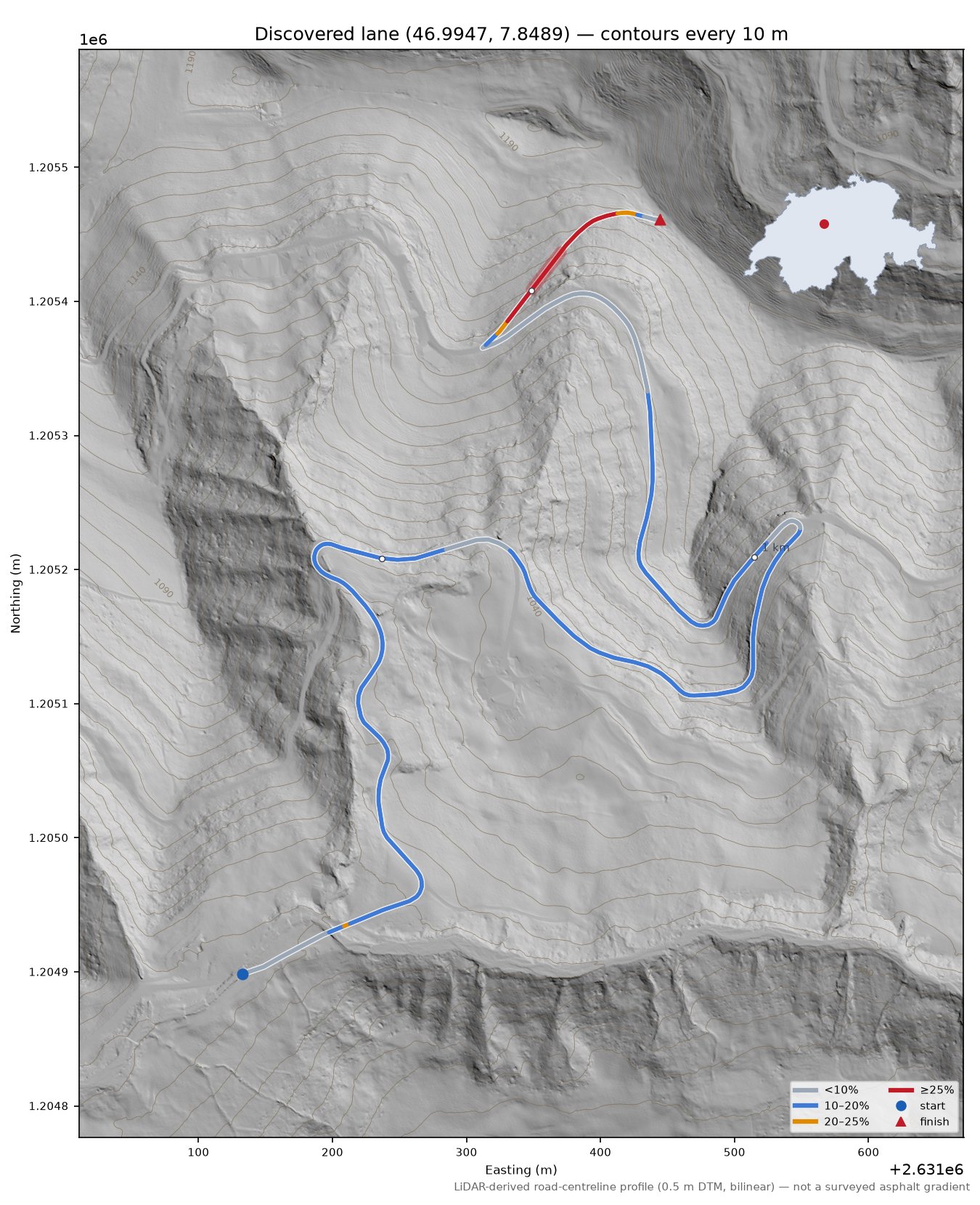 Discovered lane (46.9947, 7.8489) LiDAR hillshade map with contours