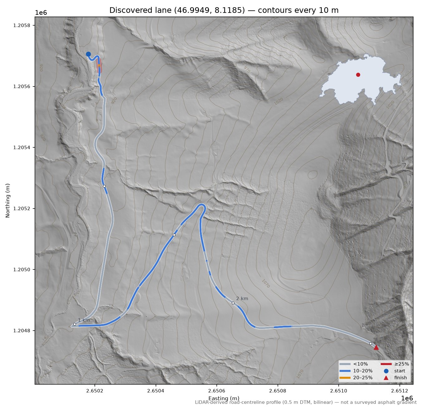 Discovered lane (46.9949, 8.1185) LiDAR hillshade map with contours