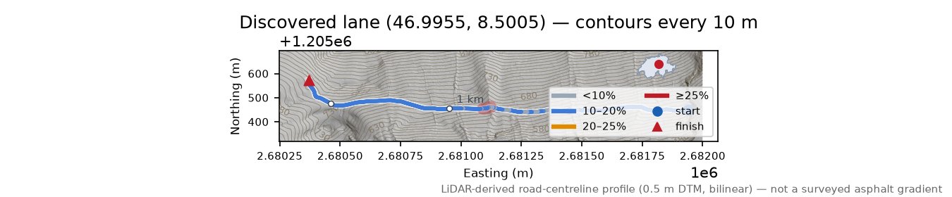 Discovered lane (46.9955, 8.5005) LiDAR hillshade map with contours