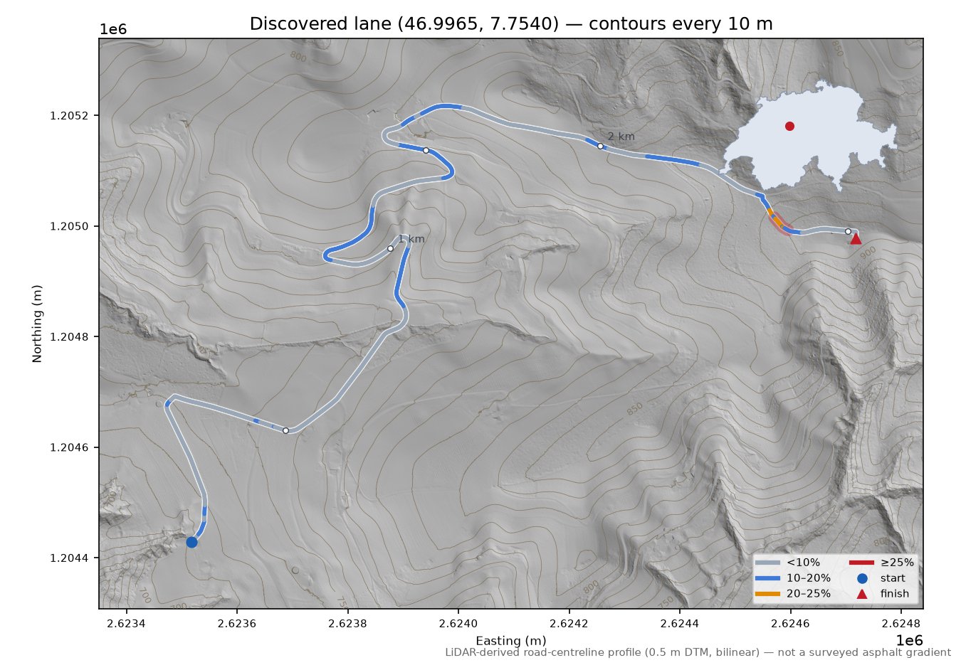 Discovered lane (46.9965, 7.7540) LiDAR hillshade map with contours