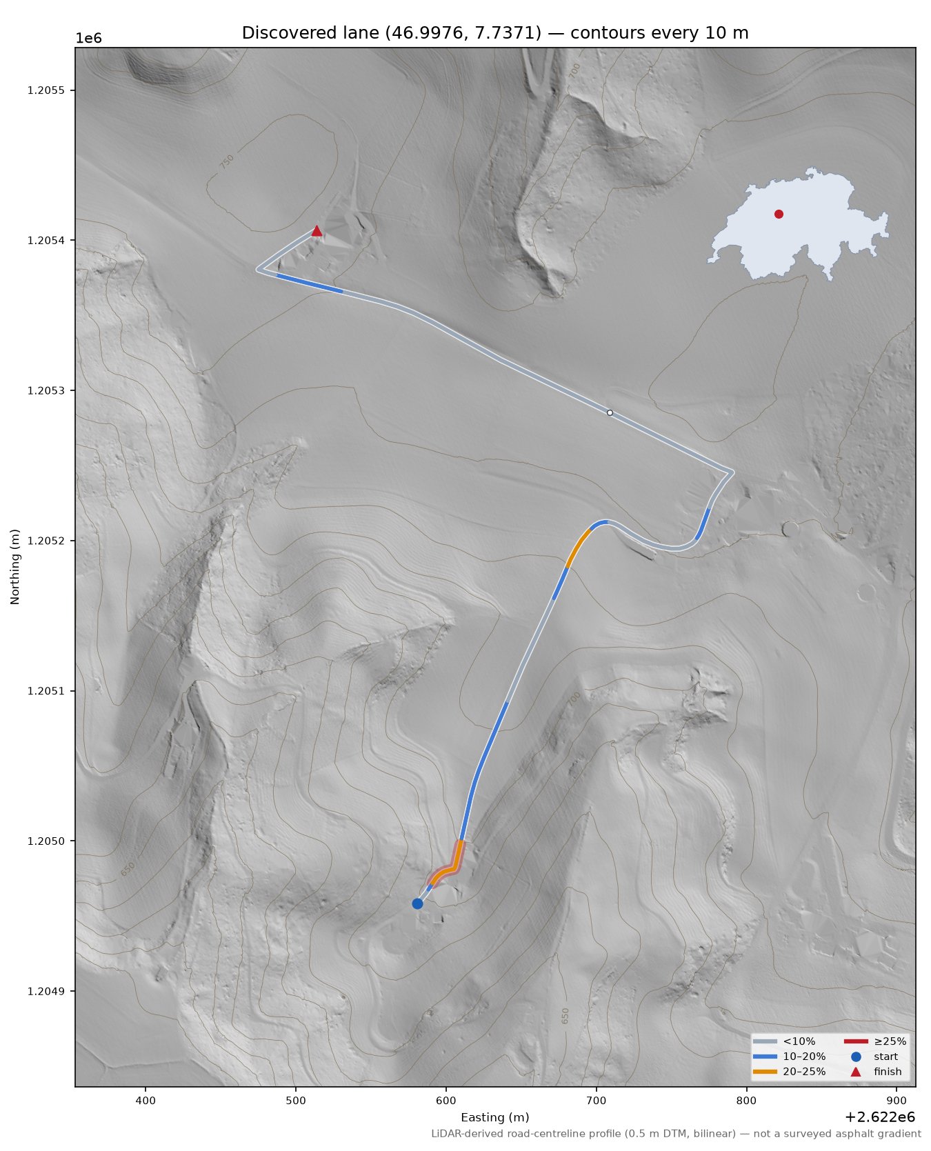 Discovered lane (46.9976, 7.7371) LiDAR hillshade map with contours