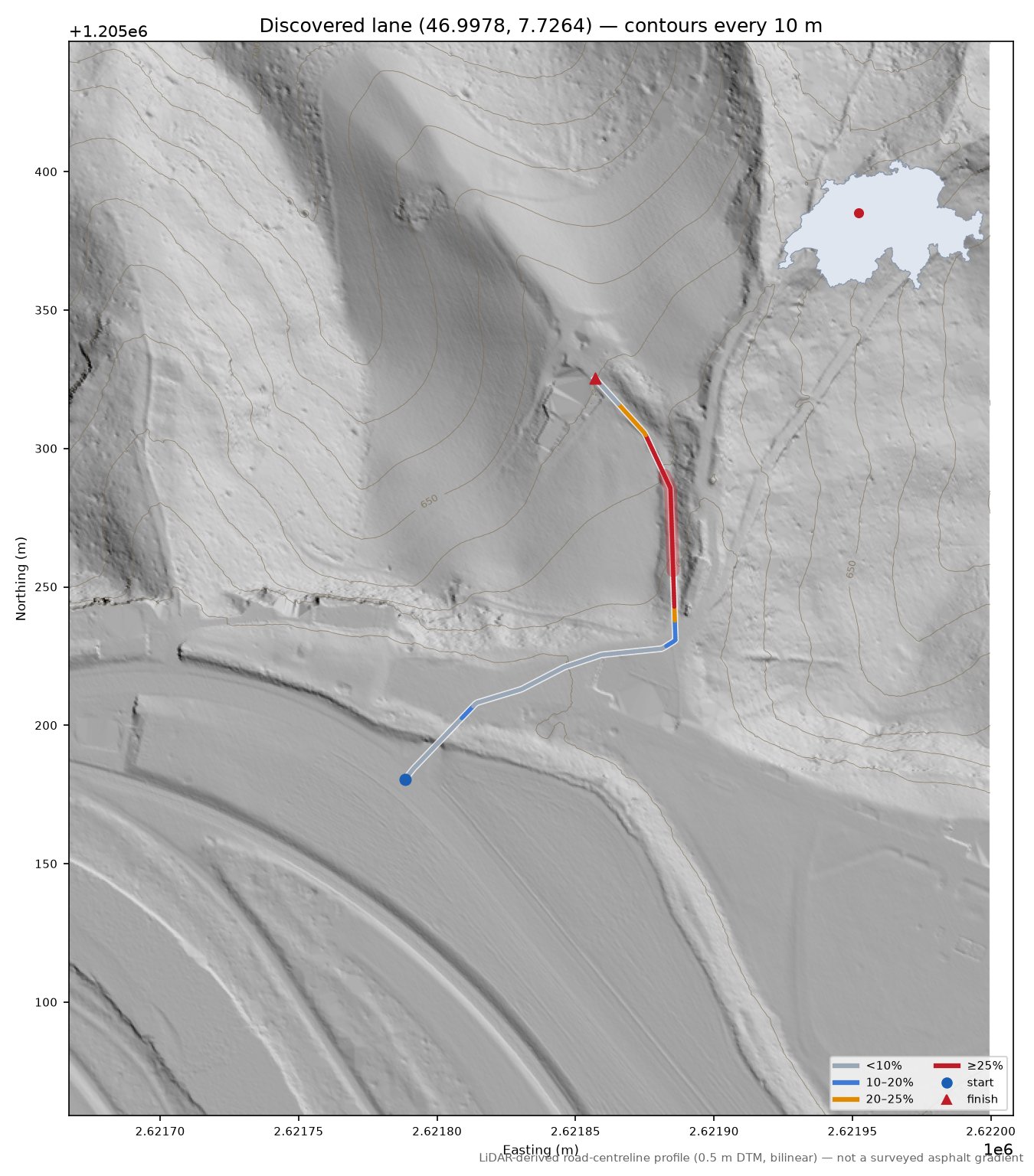 Discovered lane (46.9978, 7.7264) LiDAR hillshade map with contours