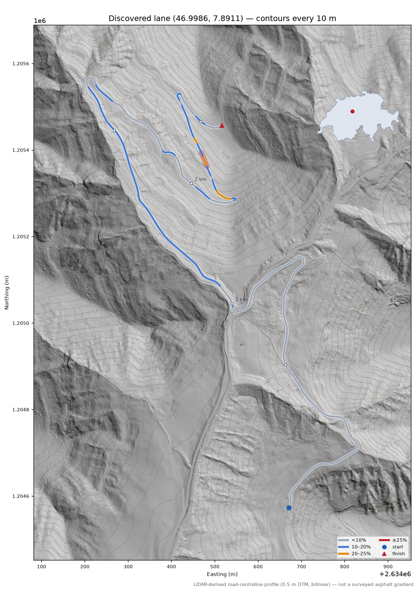 Discovered lane (46.9986, 7.8911) LiDAR hillshade map with contours