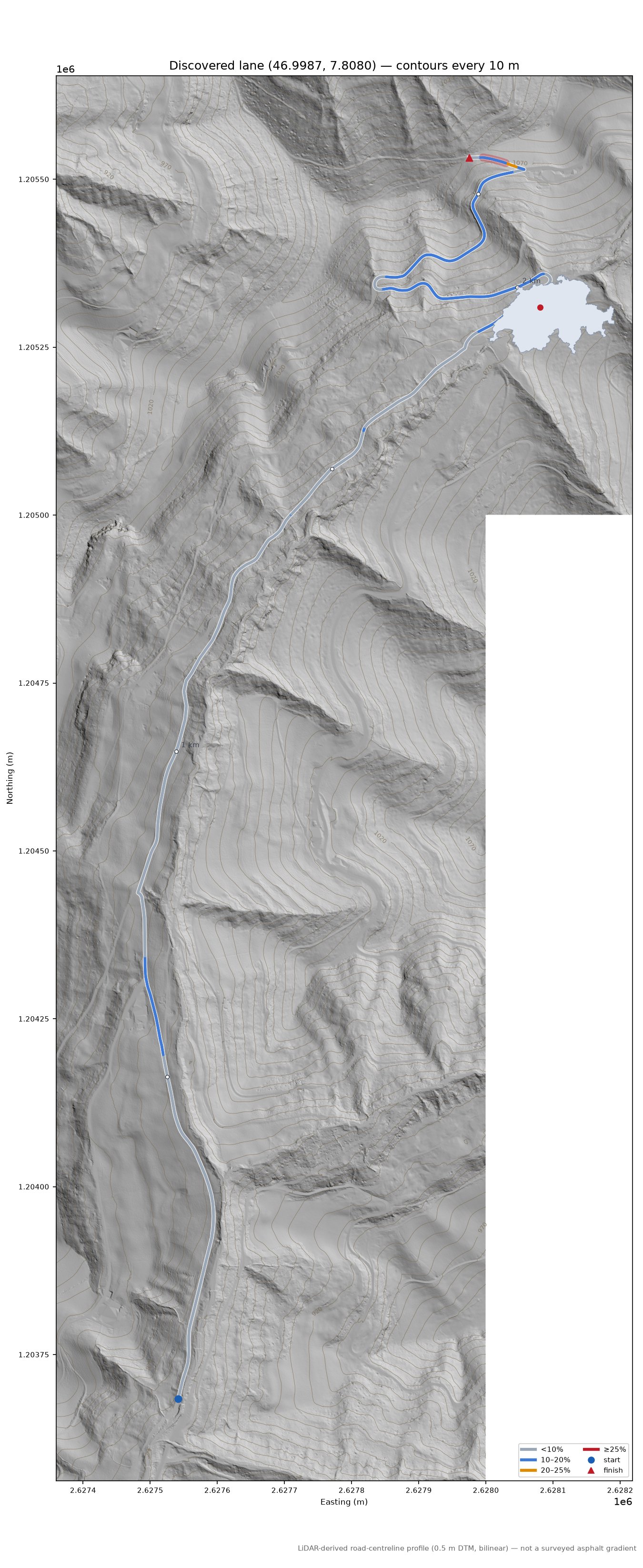 Discovered lane (46.9987, 7.8080) LiDAR hillshade map with contours