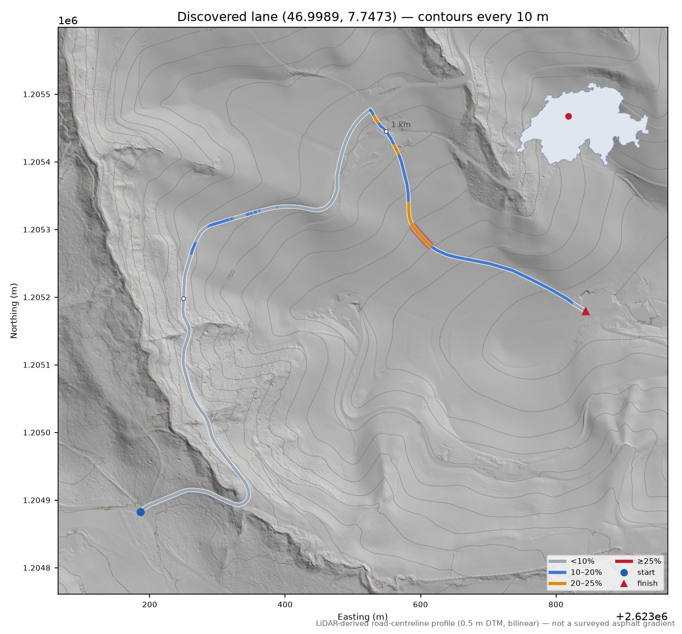 Discovered lane (46.9989, 7.7473) LiDAR hillshade map with contours