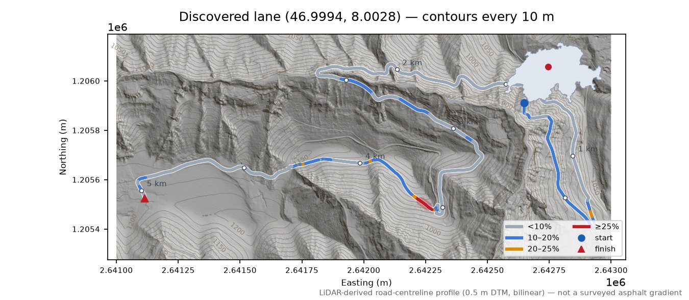 Discovered lane (46.9994, 8.0028) LiDAR hillshade map with contours
