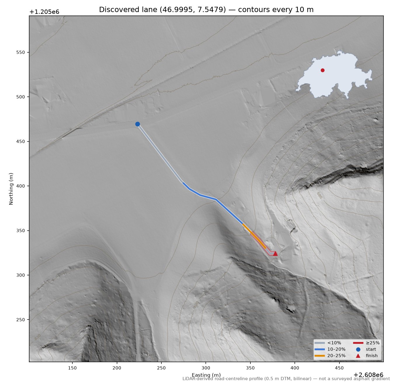 Discovered lane (46.9995, 7.5479) LiDAR hillshade map with contours