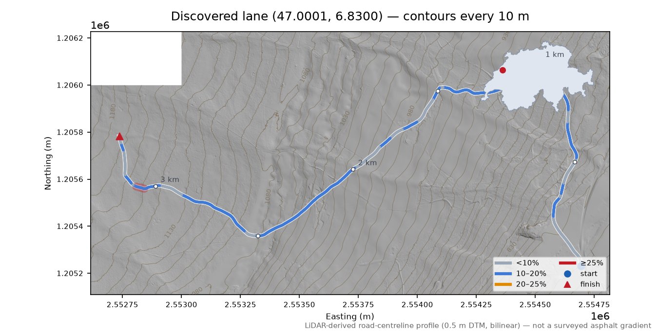 Discovered lane (47.0001, 6.8300) LiDAR hillshade map with contours