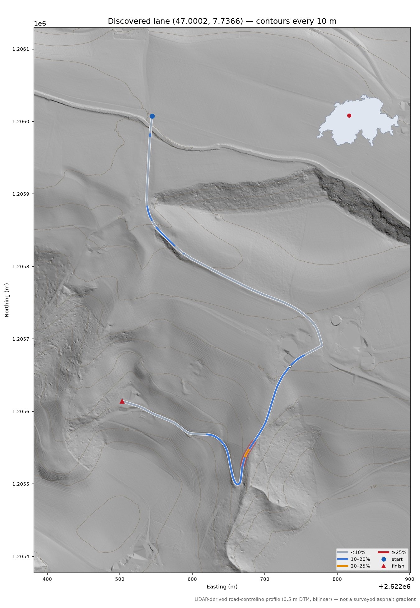 Discovered lane (47.0002, 7.7366) LiDAR hillshade map with contours