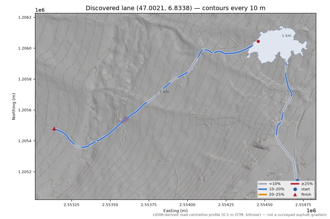 Discovered lane (47.0021, 6.8338) LiDAR hillshade map with contours