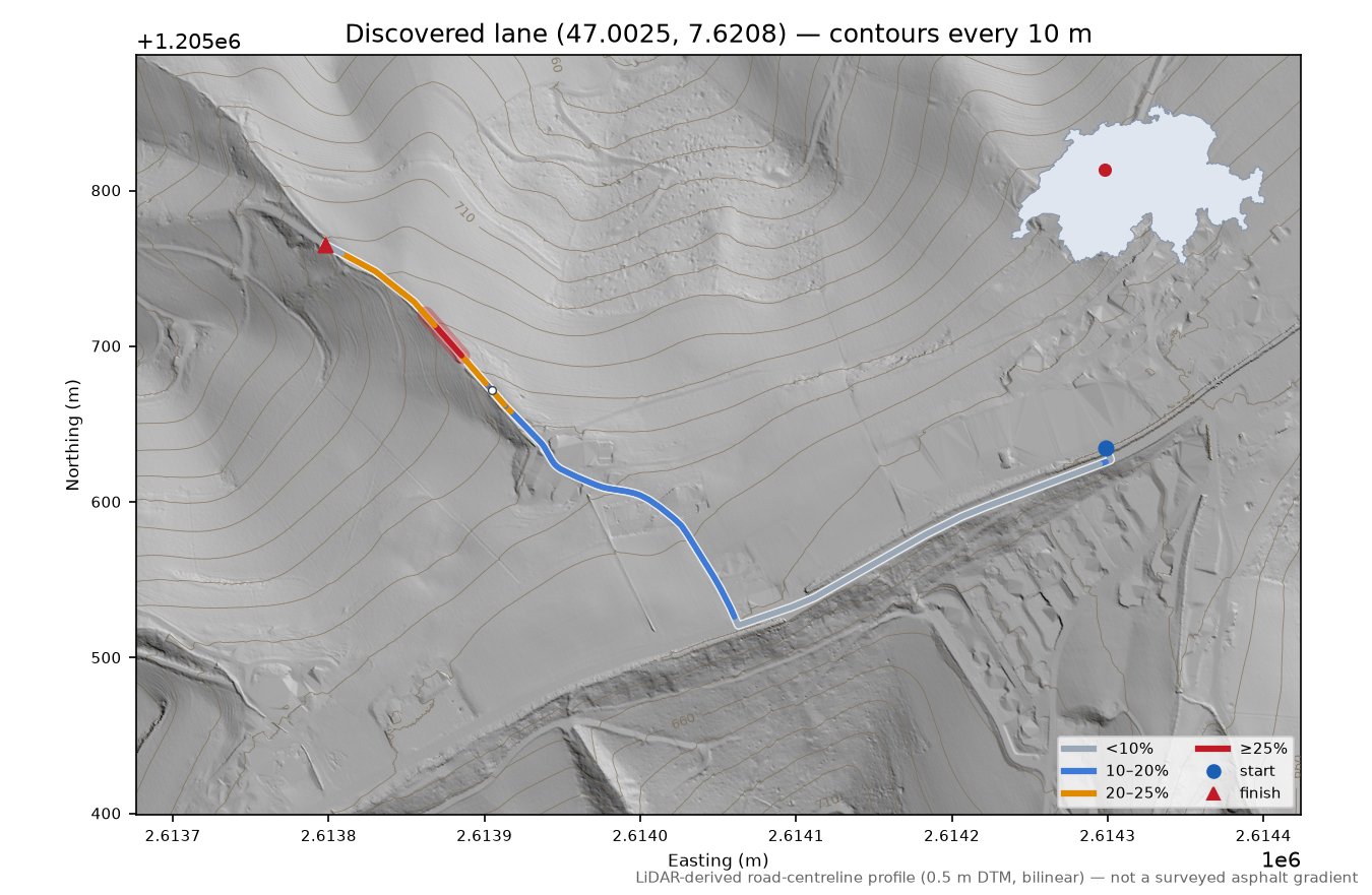 Discovered lane (47.0025, 7.6208) LiDAR hillshade map with contours
