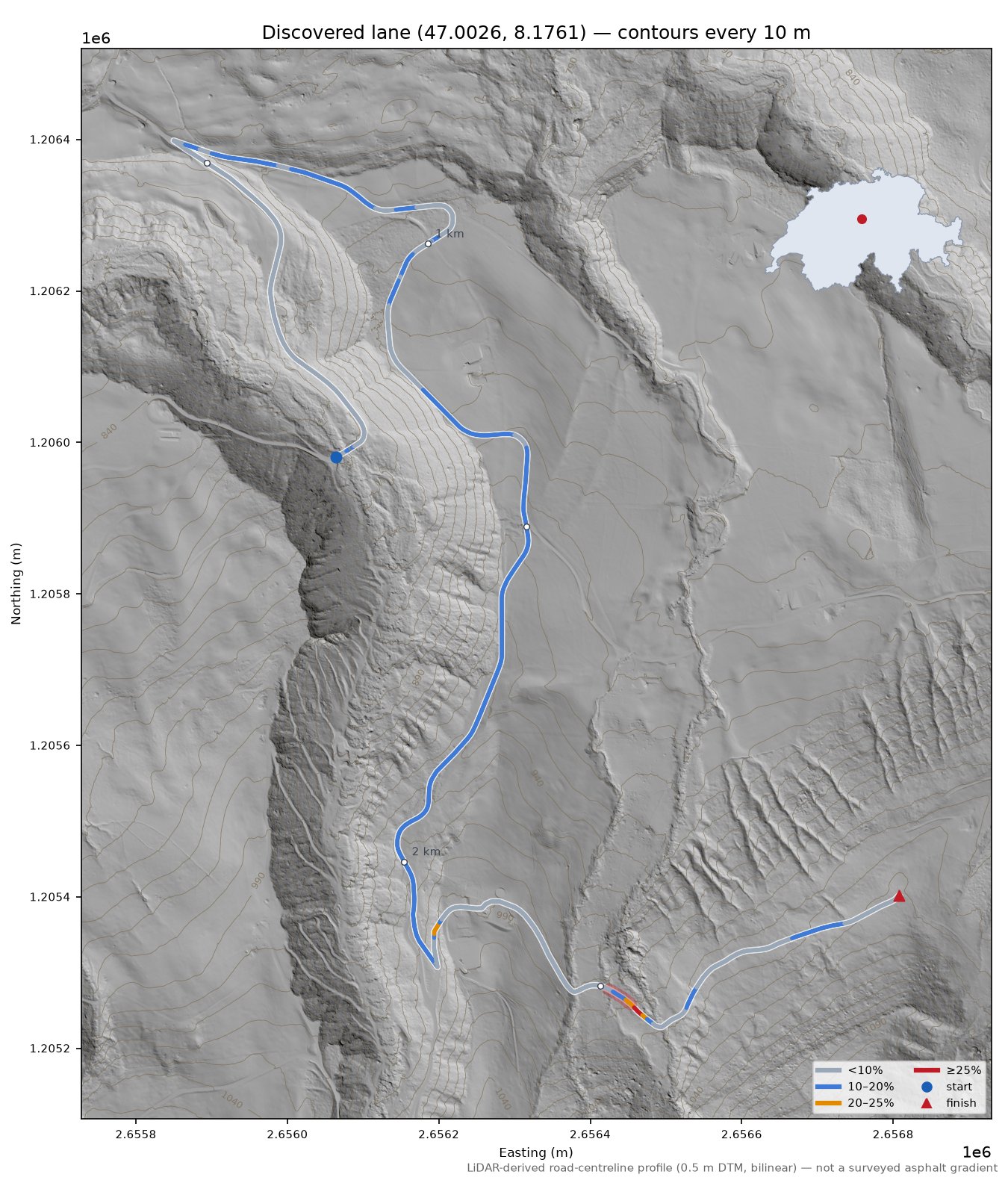 Discovered lane (47.0026, 8.1761) LiDAR hillshade map with contours